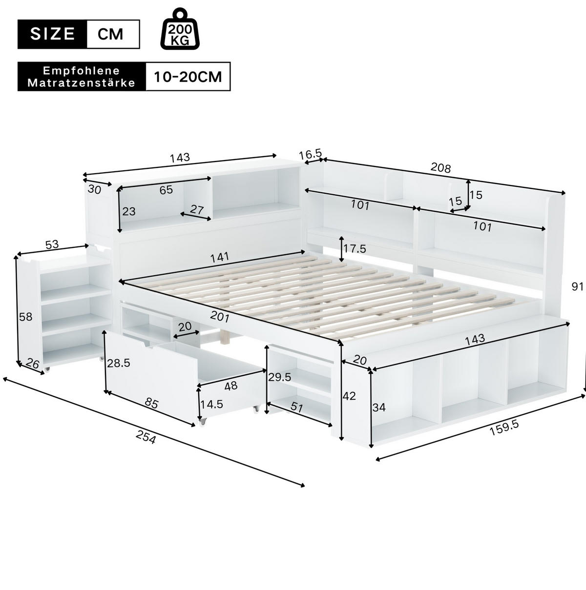 KINDERBETT 140/200 cm mit Lattenrost, Schublade, Bücherregal und Stauraum aus Sperrholz, Weiß - Weiß, Holzwerkstoff (140/200cm) - Redom