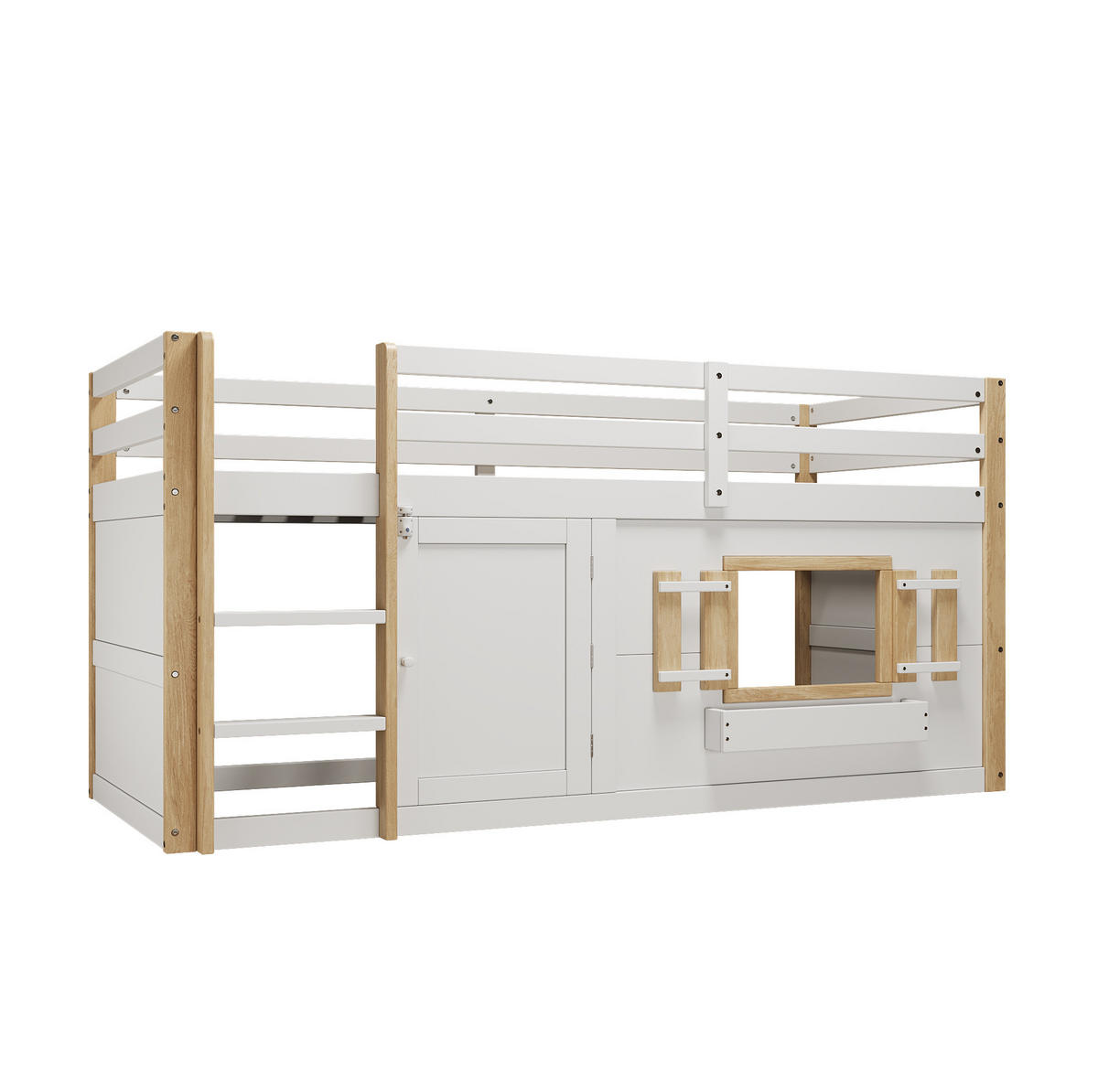 ETAGENBETT 90/200 cm weiß aus Massivholz mit Leiter und Spielfläche - Weiß, Holzwerkstoff (90/200cm) - OKWISH