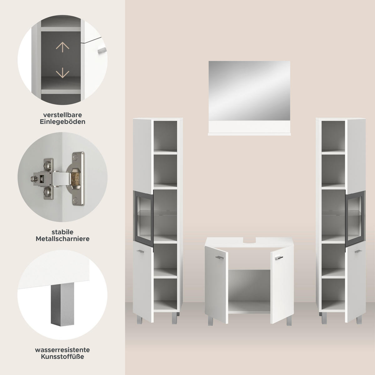 BADKOMBINATION 4tlg. Boston/Tampa Bad in weiß Nachbildung und schwarz B/H/T: 137x186x33 cm - Weiß, Holzwerkstoff (137/186/33cm)
