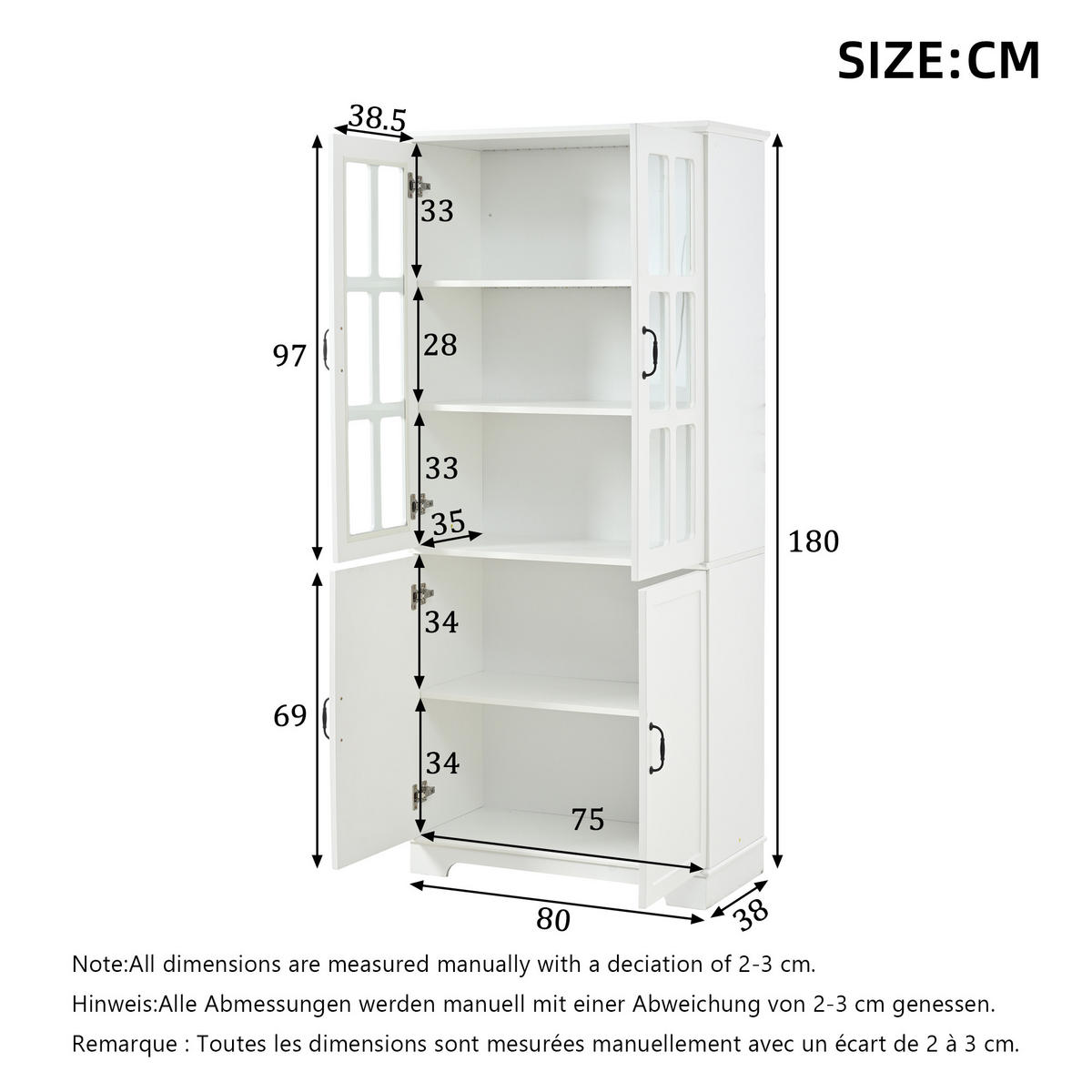 HOCHSCHRANK Weiß 2 Glastüren 2 Türen 5 Regale 180cm Landhaus - Weiß, Holzwerkstoff (80/180/38cm) - FLIEKS