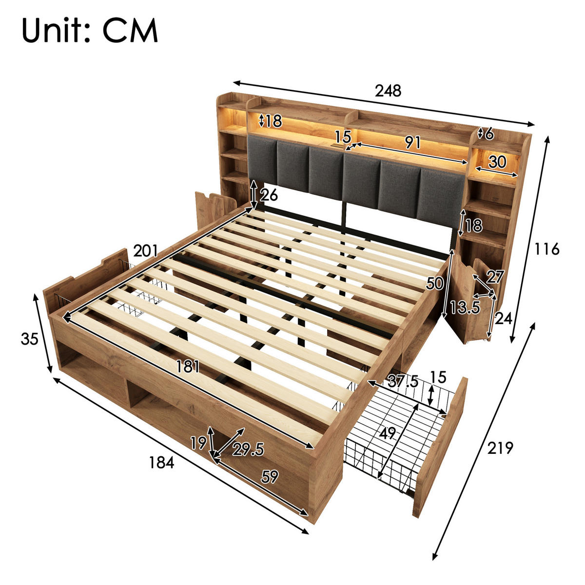 DOPPELBETT 180/200 cm mit LED-Beleuchtung, USB- und USB-C-Anschlüssen, Stauraum und Rollschubladen, Eichefarben - Eichefarben, Holzwerkstoff (180/200cm) - Redom