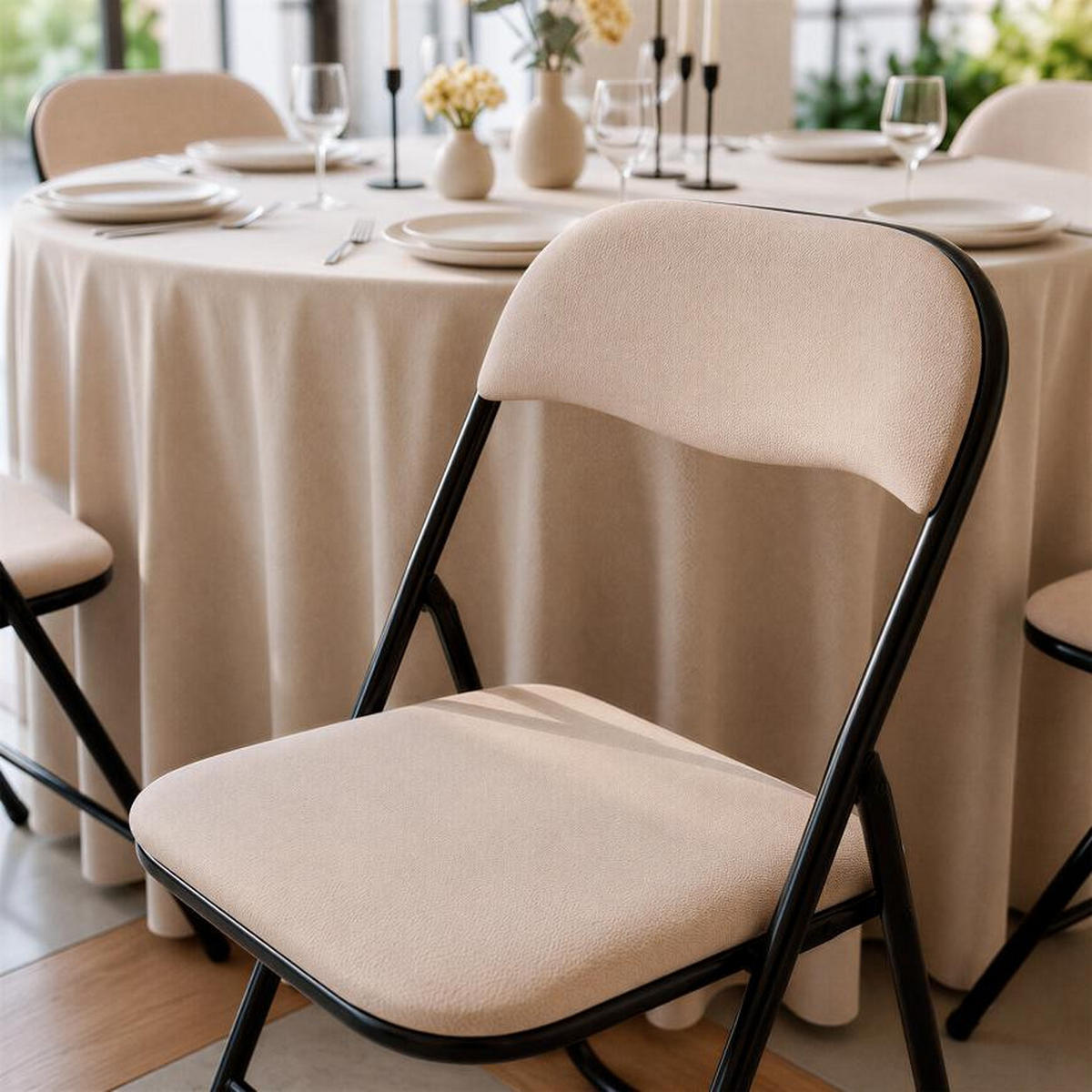 KLAPPSTÜHLE 6er-Set gepolstert, beiger Stoff und schwarze Metallbeine - Greta - Beige/Schwarz, Textil/Metall (44/78/46cm) - Sicaan