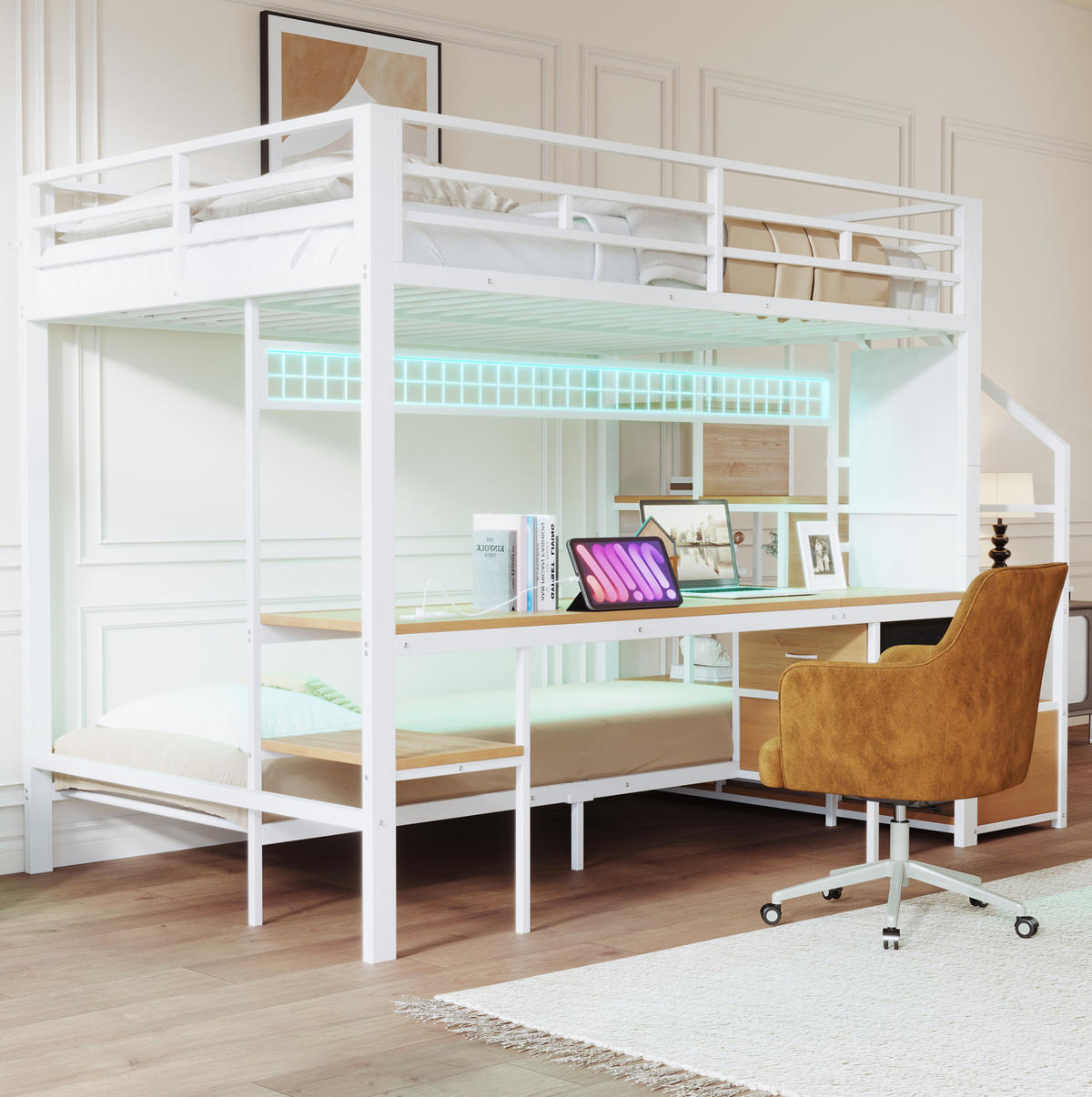 HOCHBETT 140/200 & 90/200 cm Weiß mit Schreibtisch und LED-Beleuchtung - Weiß, Metall (140/200cm) - Flora Grace