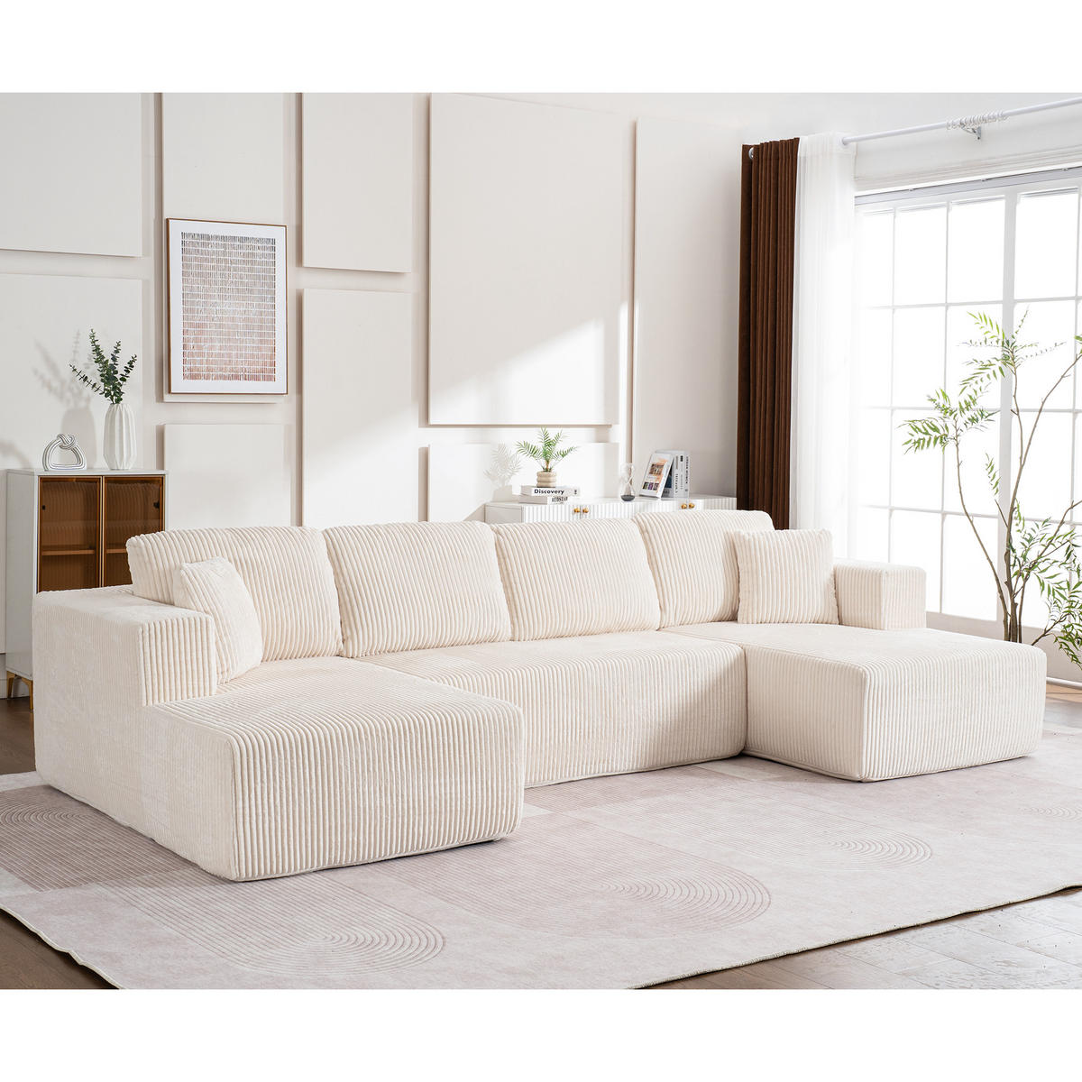 WOHNLANDSCHAFT Cord Weiß mit Schlaffunktion und Kissen - Weiß, Textil (332/88/156cm) - WISHDOR