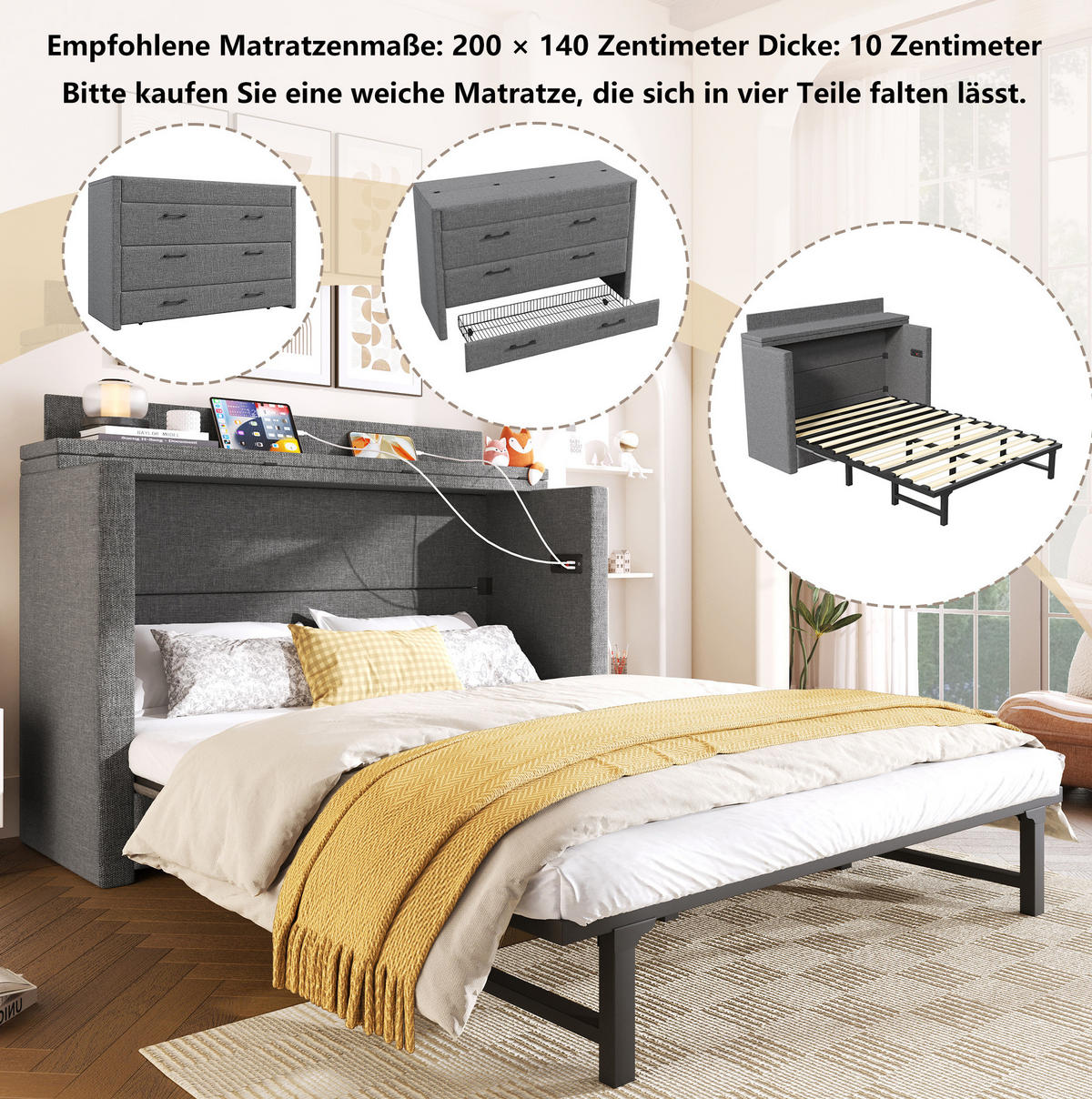 SCHRANKBETT aus Leinen 140x200 cm Grau mit USB- und Typ-C-Anschlüssen, Schublade und wandelbarem Ablagefach - Grau, Textil (90/200cm) - Modfu