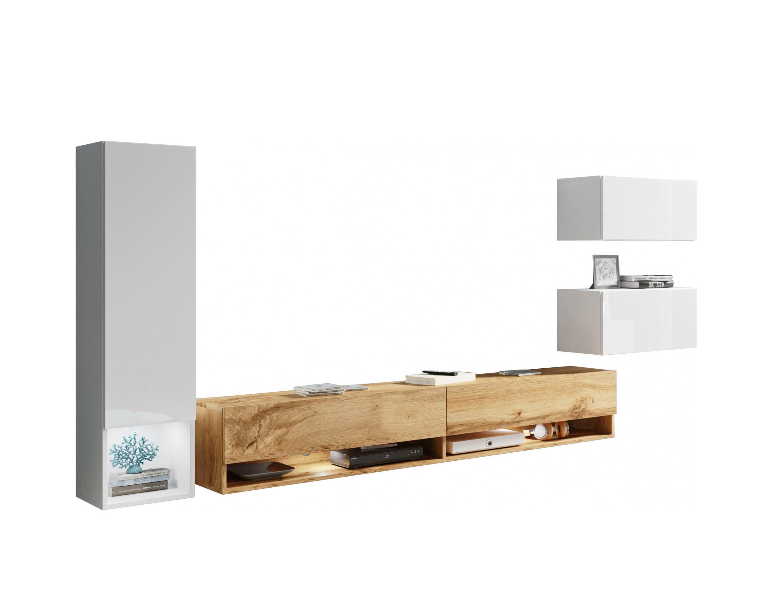 WOHNWAND Amy weiß / weiß Hochglanz / Eiche Wotan 4-teilig - Weiß Hochglanz/Multicolor, Holz/Holzwerkstoff (270/130/33cm) - Feldmann-Wohnen