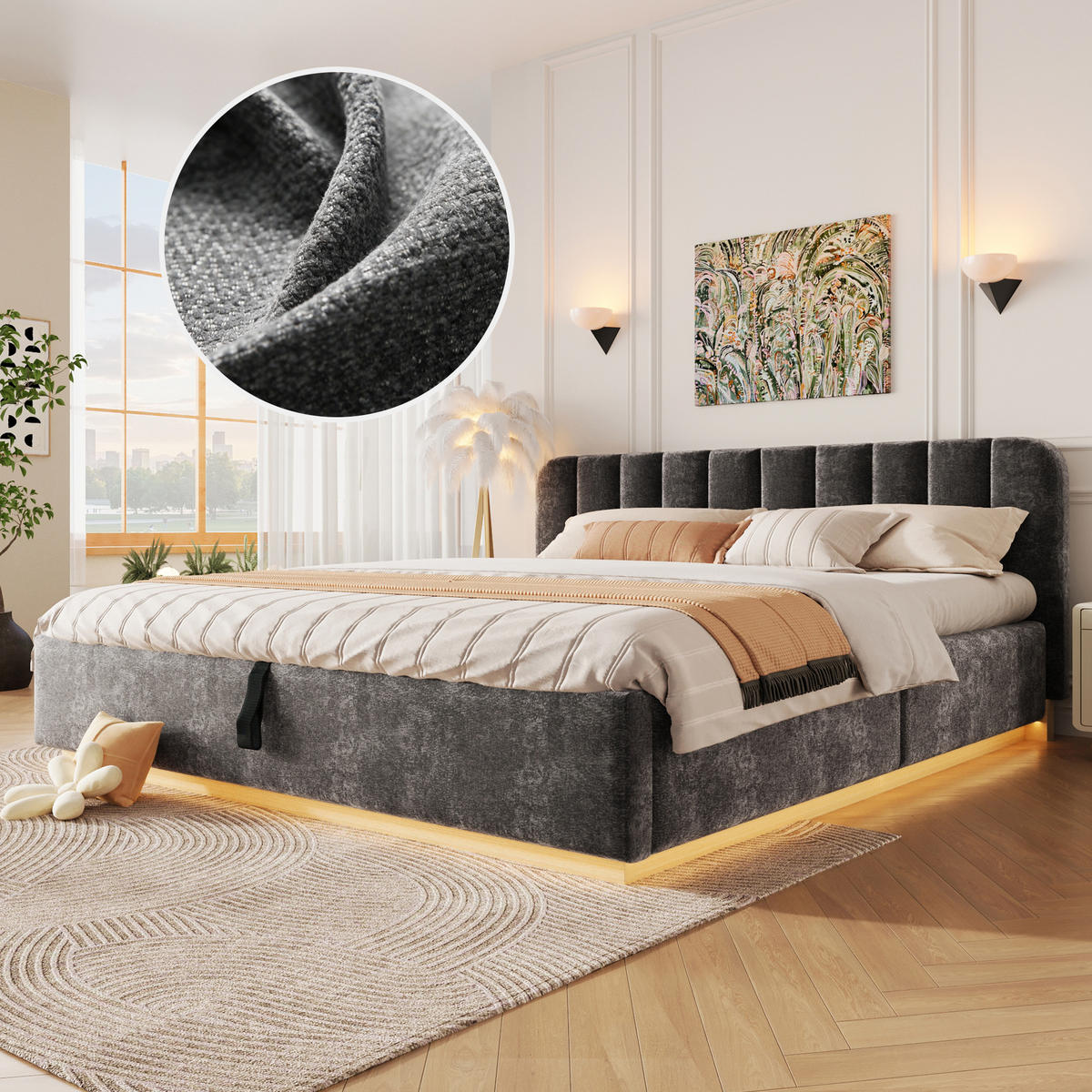 ČALOUNĚNÁ POSTEL 180x200cm Úložná LED Žinylka Antracit - šedá, kompozitní dřevo (180/200cm) - FLIEKS