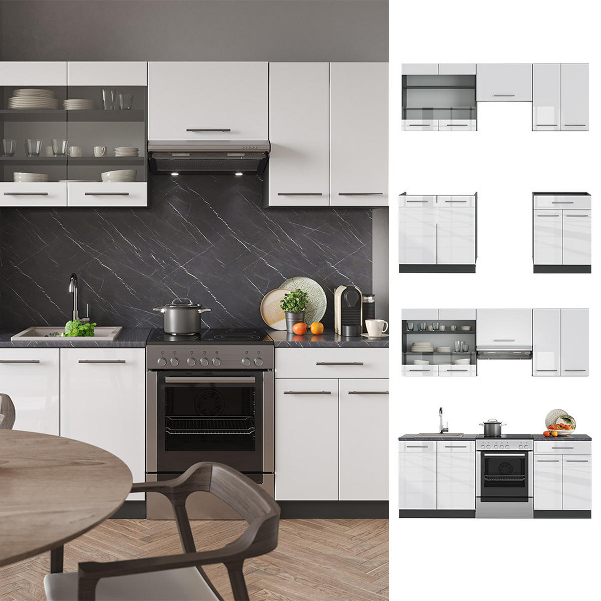 KÜCHENZEILE Fame-Line Weiß Hochglanz/Anthrazit 200 cm, AP Marmor - Weiß Hochglanz/Anthrazit, Holzwerkstoff (200/81.6/60cm) - Vicco