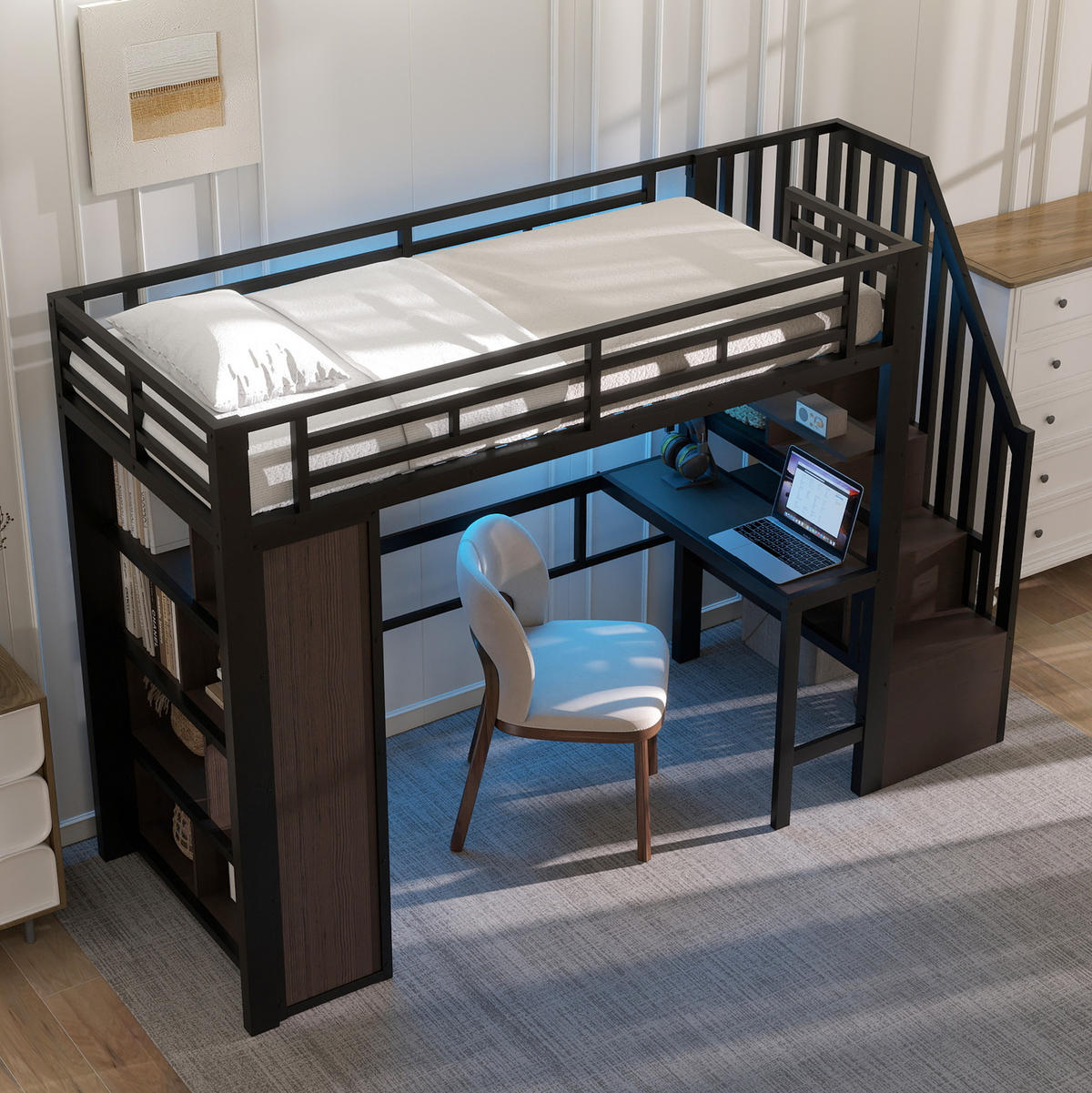 HOCHBETT 90/200 cm aus Metall/MDF mit Schreibtisch, Stauraumtreppe und LED-Lichtleiste Schwarz - Schwarz, Metall (90/200cm) - Modenvie