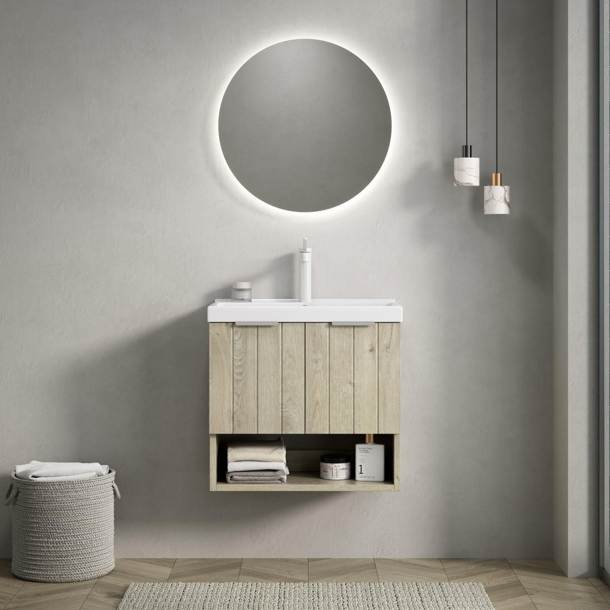 BADMÖBEL Waschtisch 55 cm,Wandhängend Keramik-Waschbecken Eiche Creme Unterschrank Doppeltür - Creme, Holz (55/53/32cm) - PARAFTA HOME