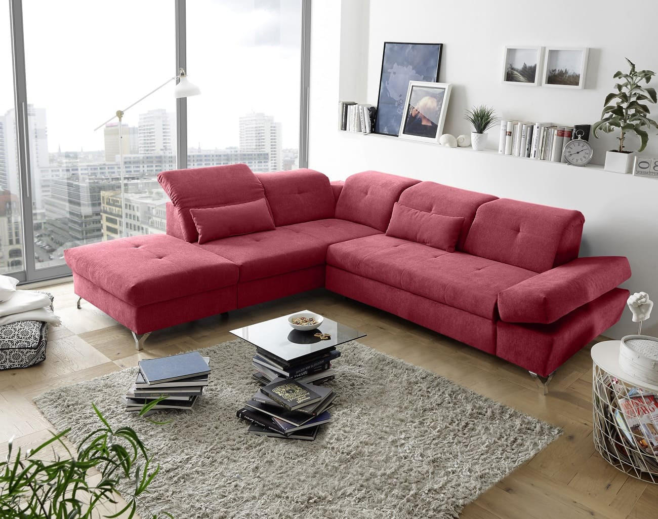 ECKSOFA mit Schlaffunktion und verstellbaren Kopflehnen - Chromfarben/Rot, Textil/Metall (275/245cm) - ed exciting design