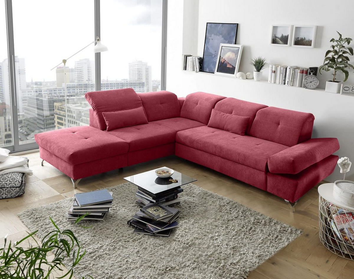 ECKSOFA mit Schlaffunktion und verstellbaren Kopflehnen - Chromfarben/Rot, Textil/Metall (275/245cm) - ed exciting design