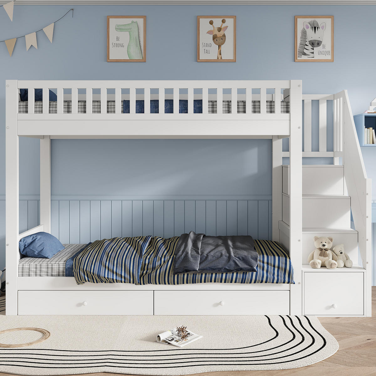 ETAGENBETT 90/200 cm mit Stauraumtreppe und Bettkästen, DE-41747, in Weiß - Weiß, Holzwerkstoff (90/200cm) - ComfortXL