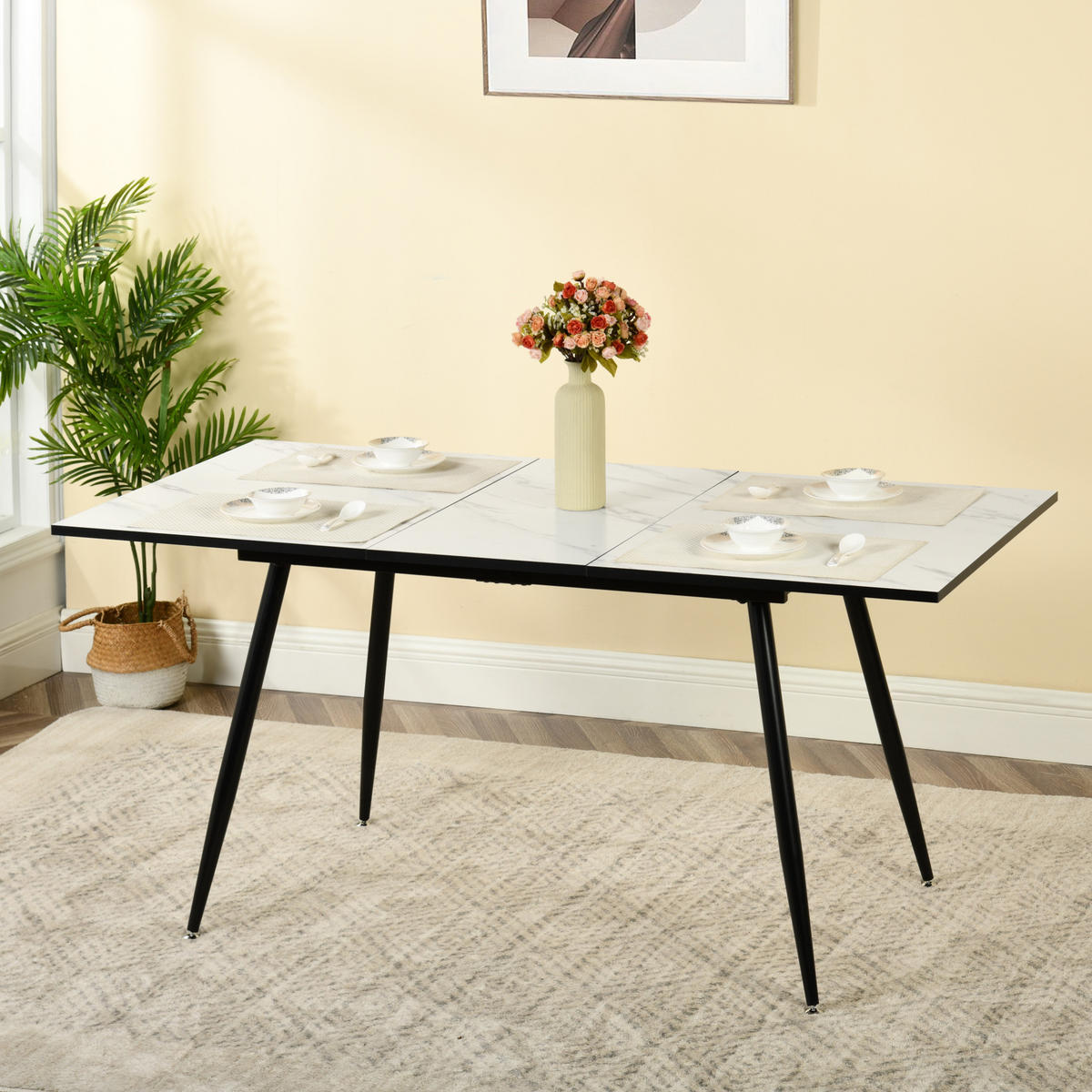 ESSTISCH Weiß Marmormuster rechteckig ausziehbar 120-160/80/75cm - Schwarz/Weiß, Holz/Metall (80/120/75cm) - Urban Meuble