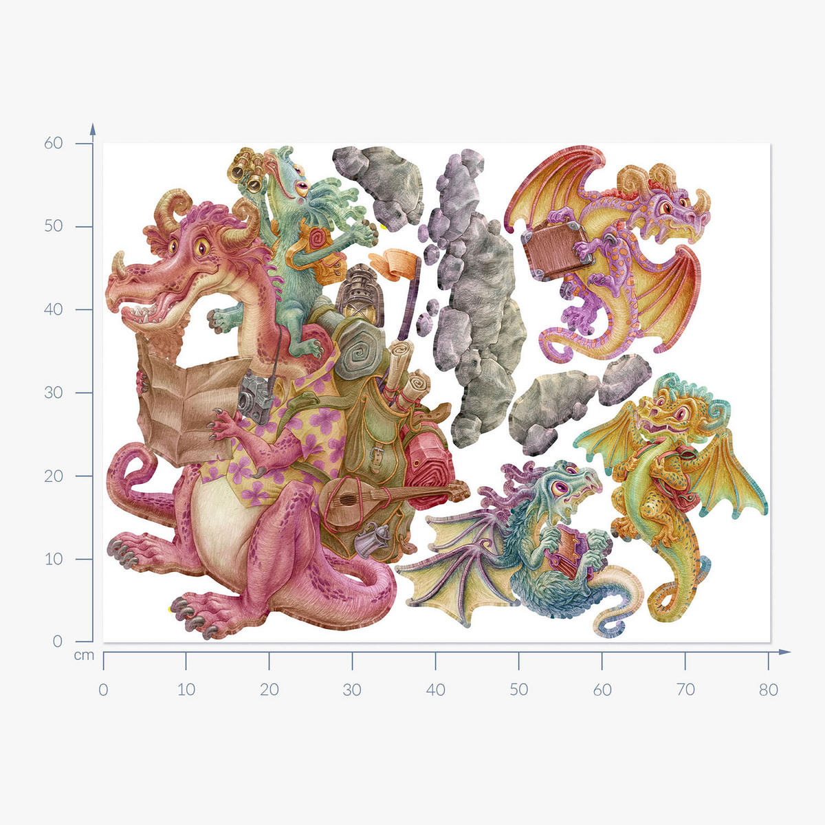 WANDAUFKLEBER 60x80cm - Drachen-Märchenfamilie - Multicolor, Kunststoff (60/80/0.1cm) - Wallfluent