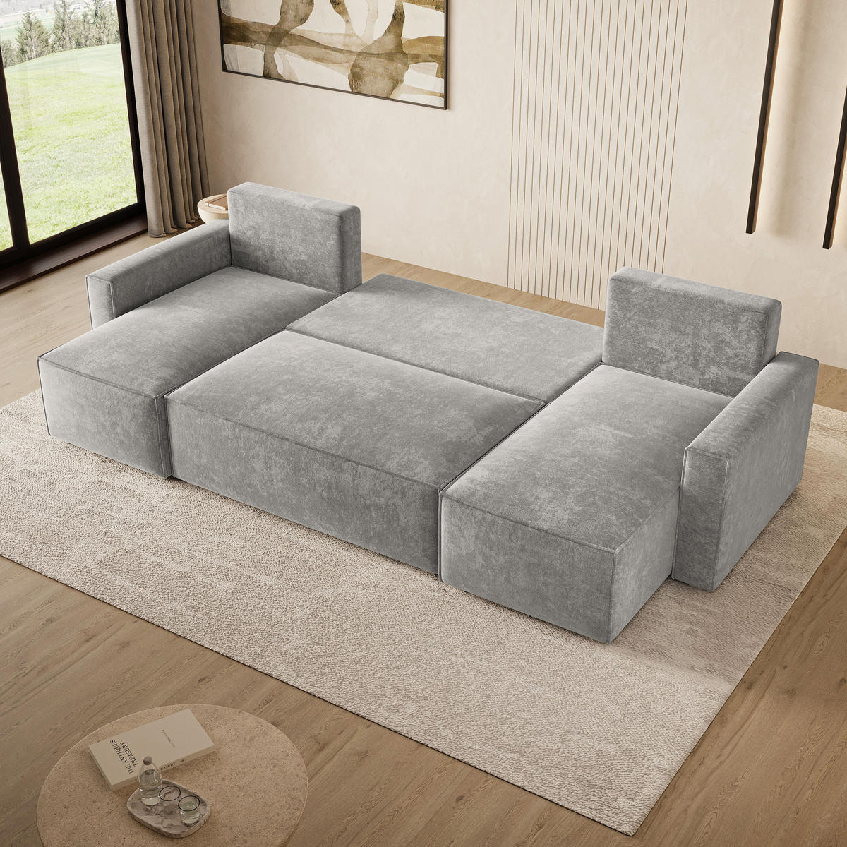 WOHNLANDSCHAFT ASPRA LM Grau Chenille mit Schlaffunktion - Grau, Holz (295/85/140cm) - MASSENO