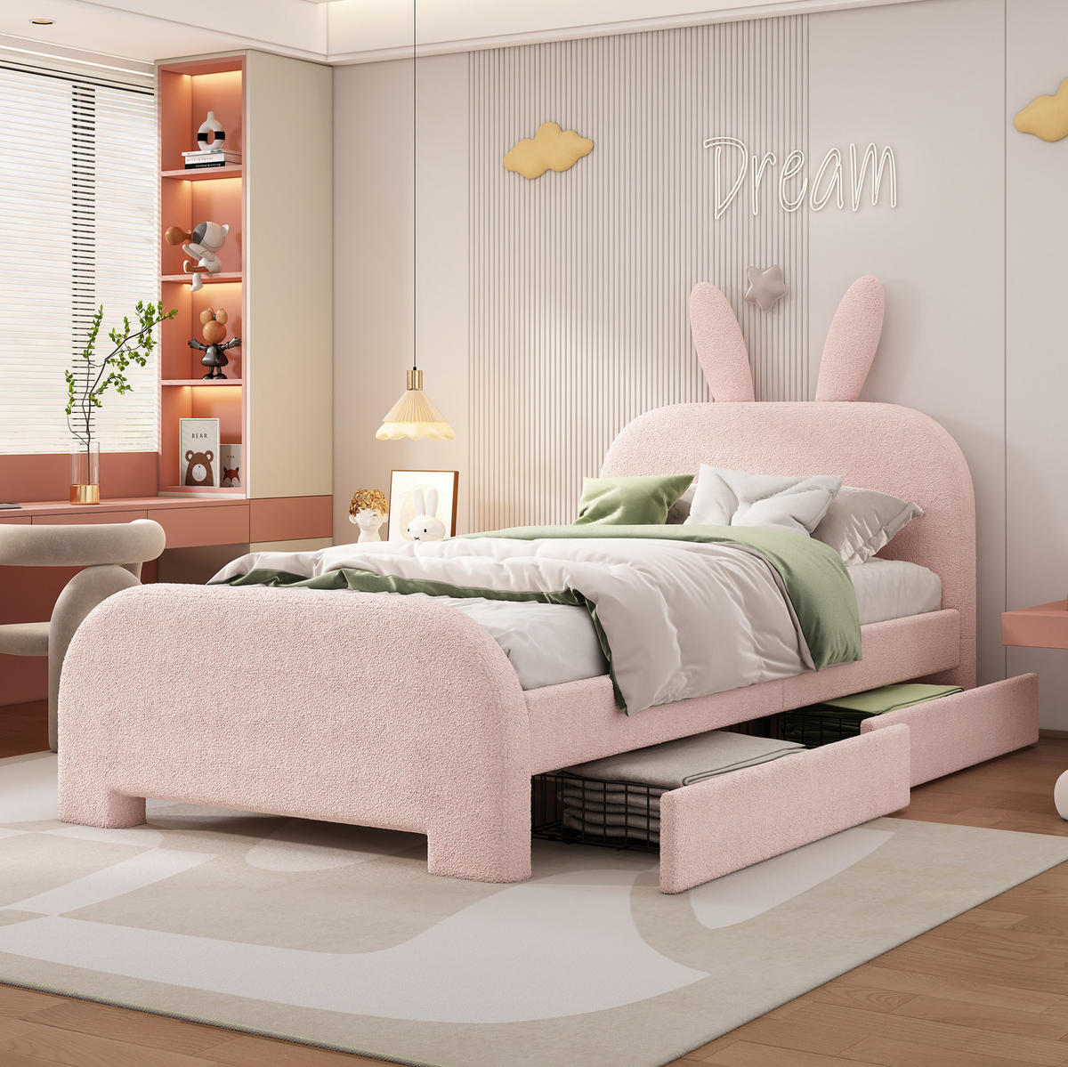 KINDEREINZELBETTEN aus Plüsch 90x200 cm in Rosa mit 2 Schubladen - Rosa, Textil (90/200cm) - Modfu