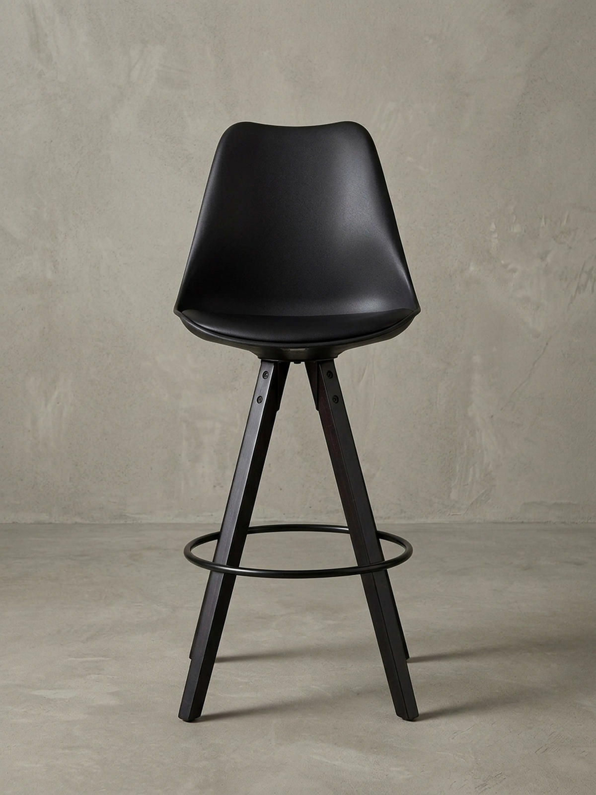 BARHOCKER – Skandinavisch, Kunstleder, Rückenlehne, X-Beine mit Metallring - Schwarz, Holz/Kunststoff (49/113/53cm) - KADIMA DESIGN