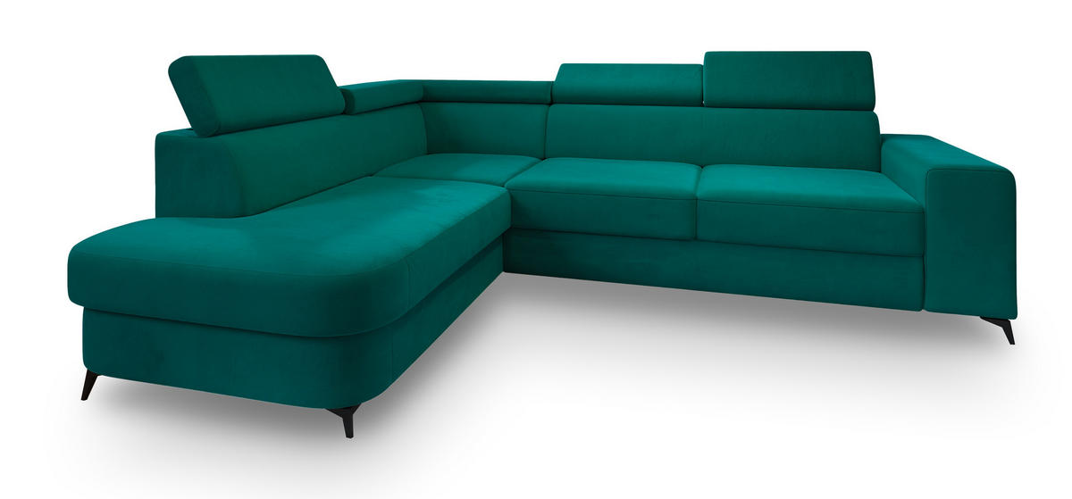 ECKSOFA ALVORO L-S Blau Velours-Stoff mit Schlaffunktion - Blau, Holz (253/190cm) - MASSENO