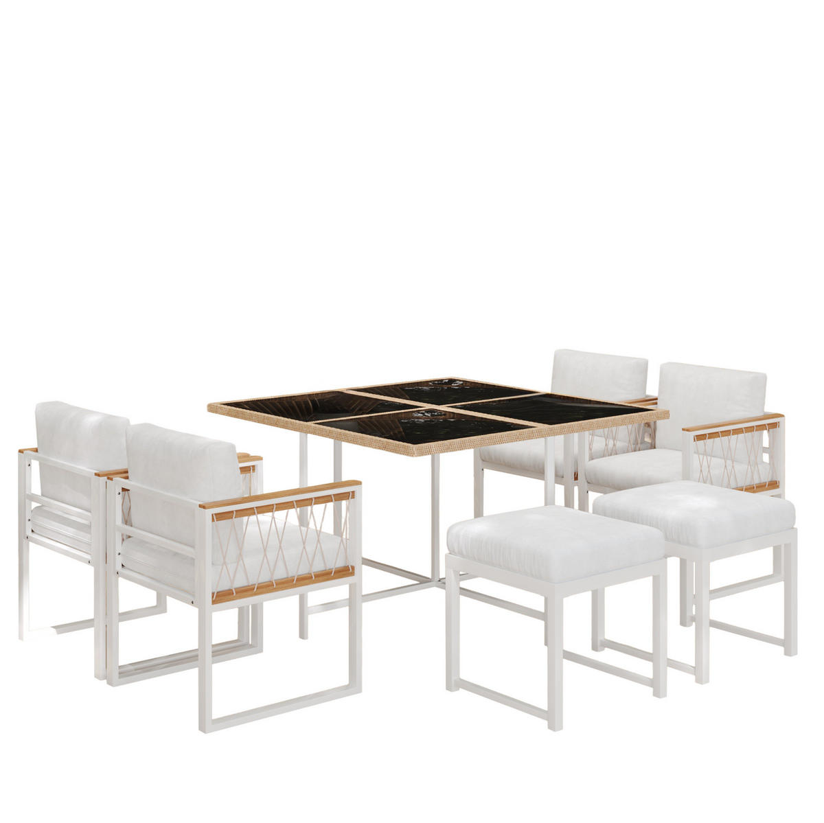 GARTENMÖBELSET 7-tlg. mit Tisch, 4 Sesseln und 2 Hockern 117 x 117 cm Natur/Weiß - Weiß, Metall - Beauniv