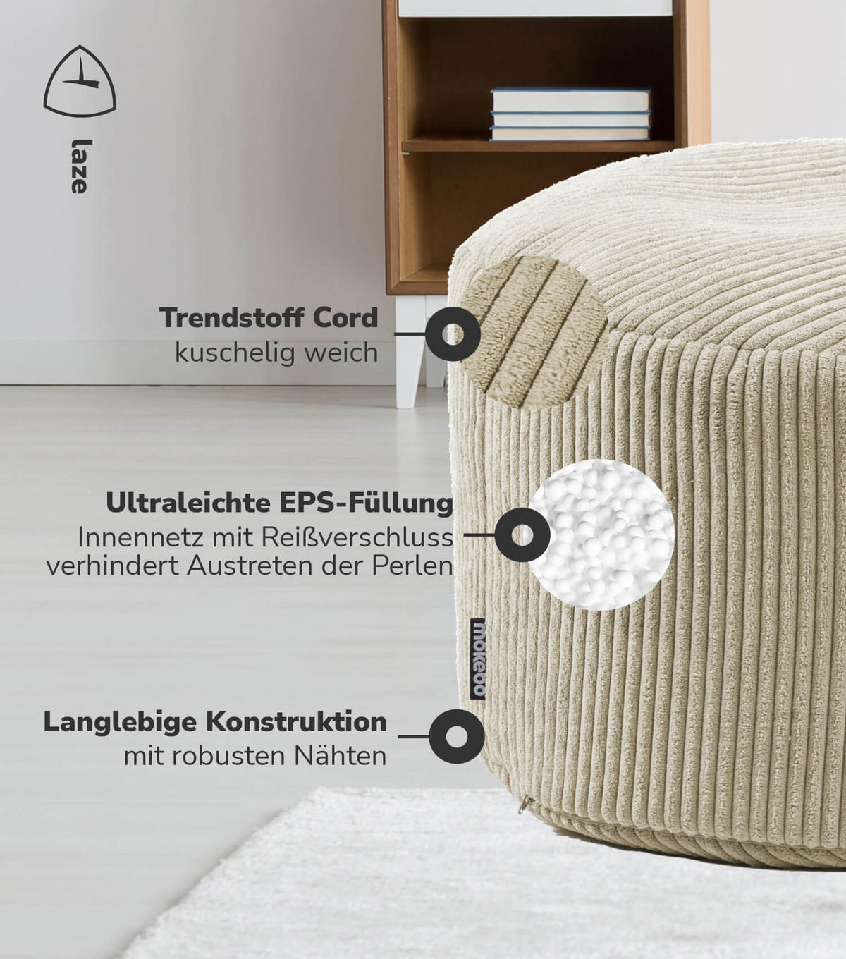 POUF Cord Der Faule Lenz - Beige, Textil (60/40/60cm) - Mokebo