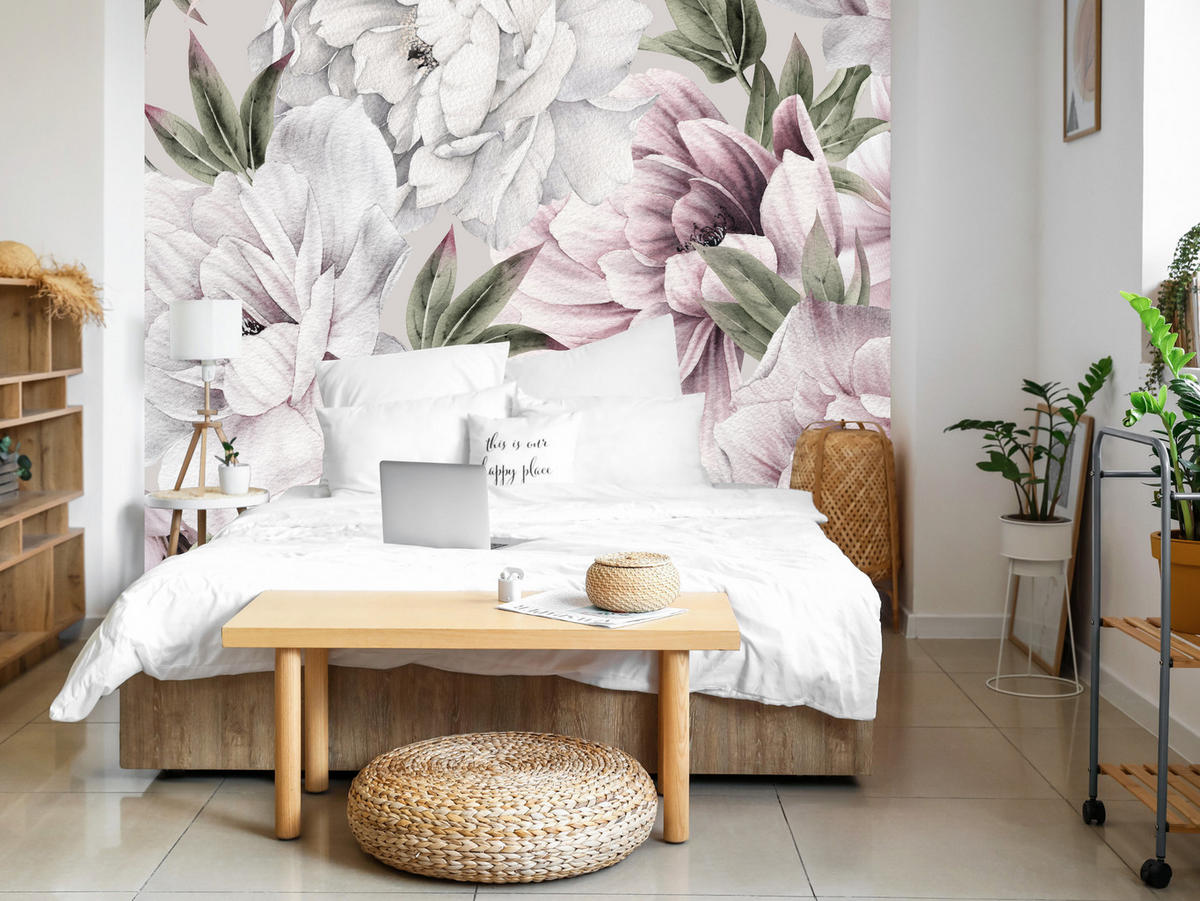 FOTOTAPETE für Schlafzimmer Pastell Pfingstrosen Boho Pflanzen 400x280 - Violett/Rosa, Papier (400/280cm) - Muralo