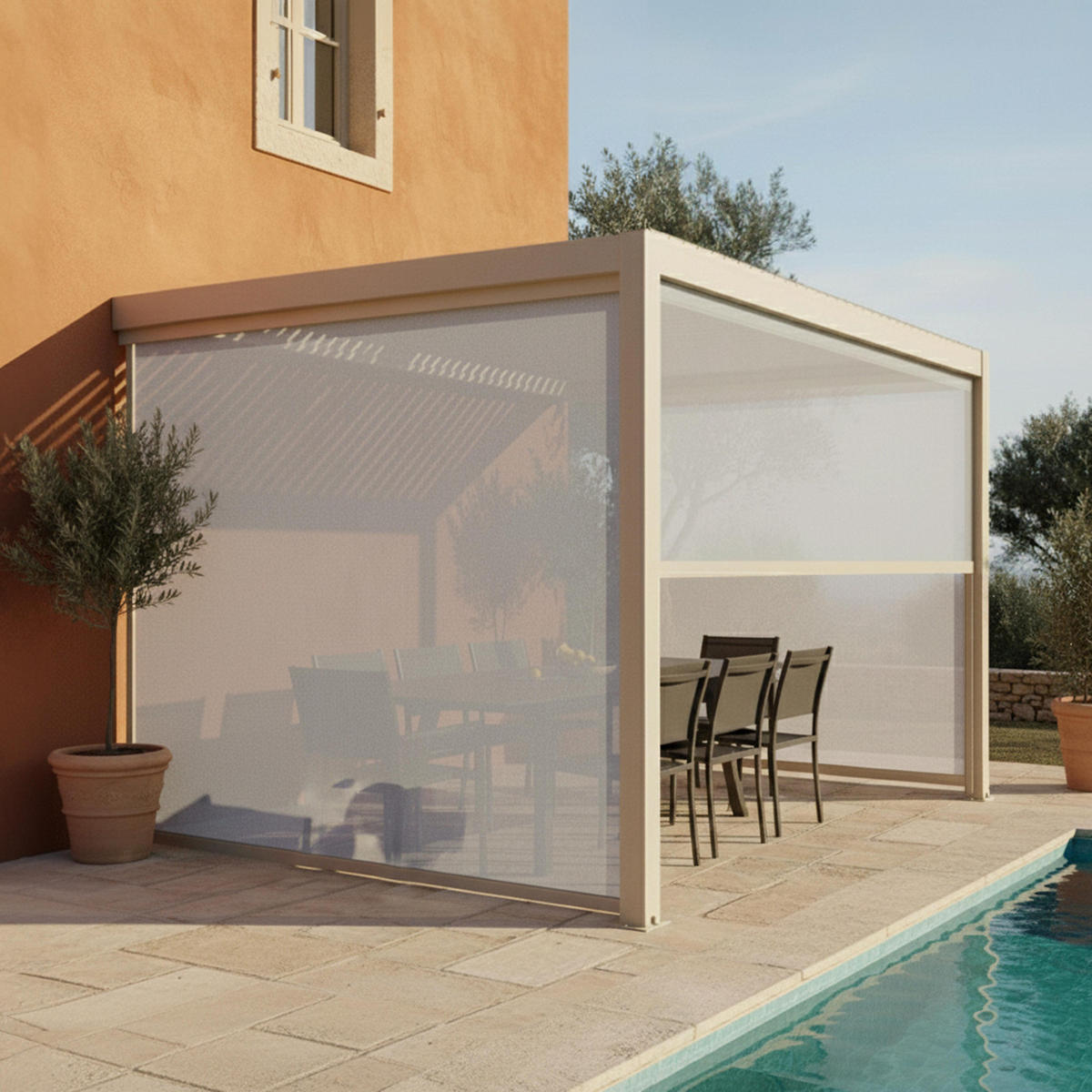 PERGOLA 3x4 m mit 3 Markisen, Cremefarbe - Beige, Metall (281/257/403cm) - Oviala