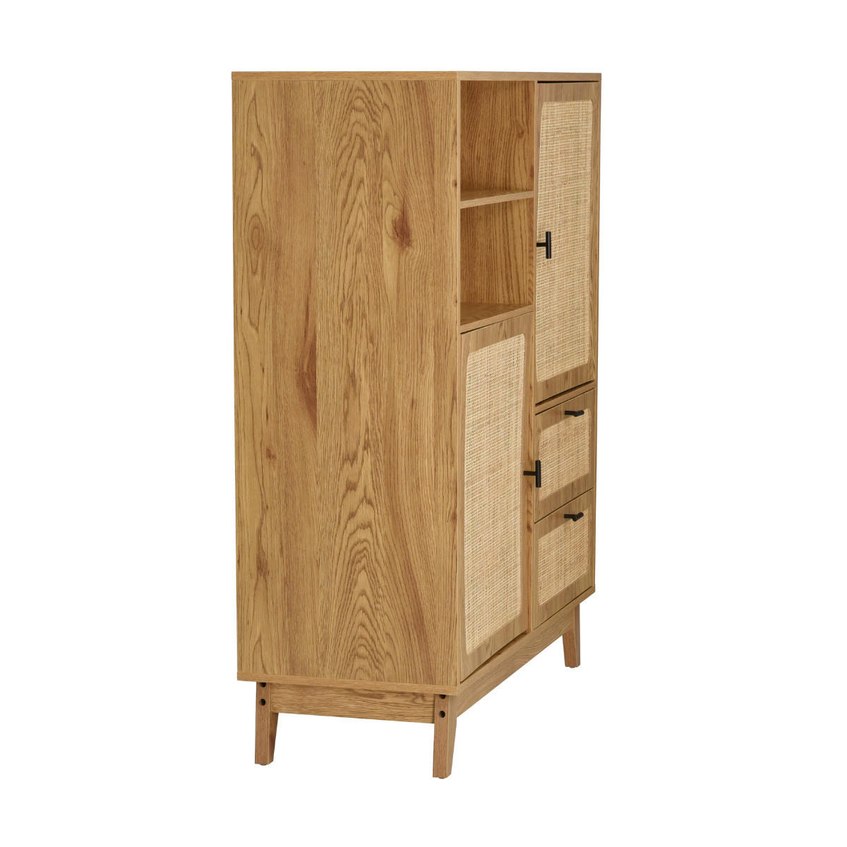 HOHES ANRICHTE 2 Türen 2 Schubladen mit Rattan-Fronten 40/120/100 cm - Eschefarben, Holzwerkstoff (40/120/55cm) - Calicosy