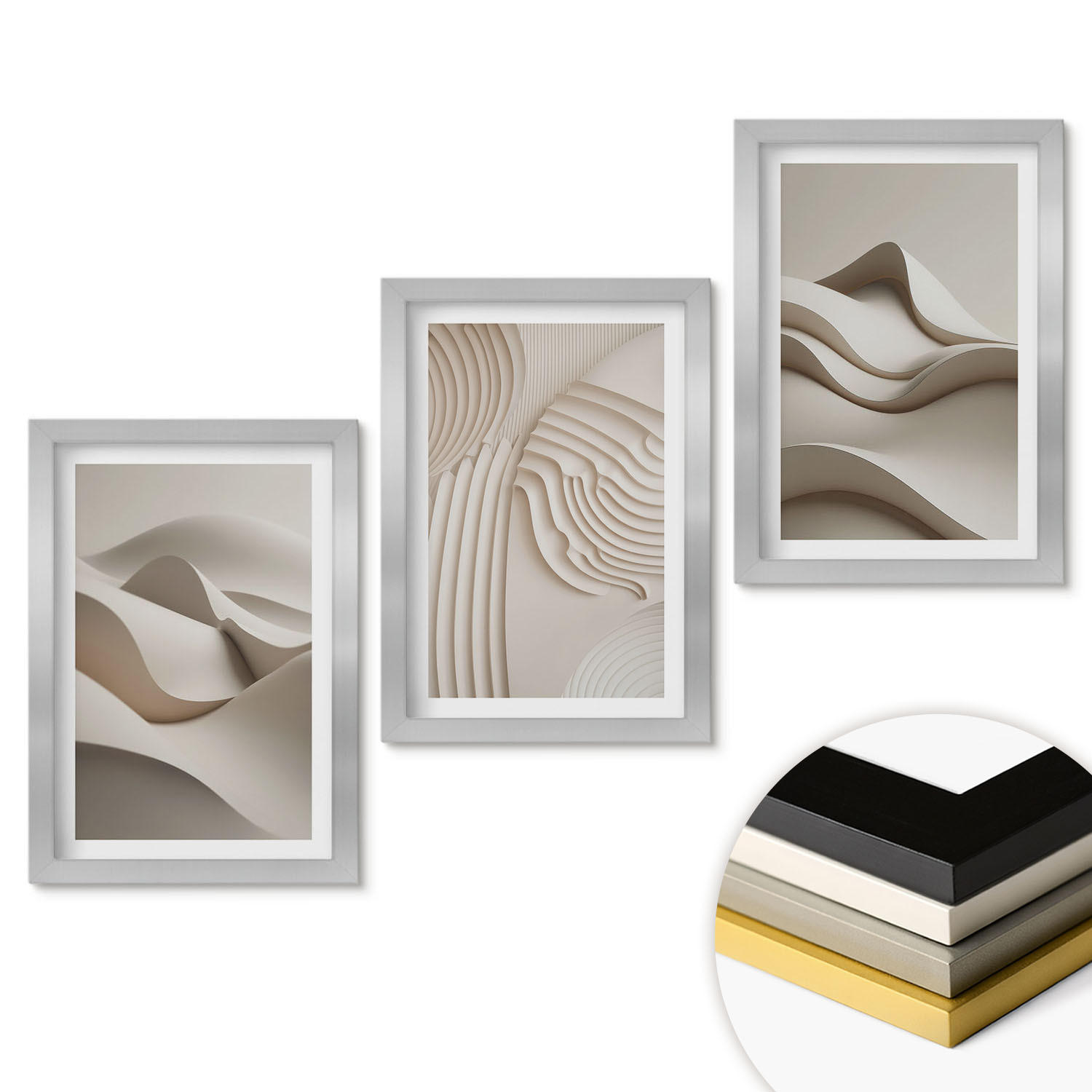WANDBILDER 3er Set - 20x30 cm Silberner Rahmen - Abstrakte beige Wellen - Silberfarben, Kunststoff (20/30cm) - ArtPrintCave