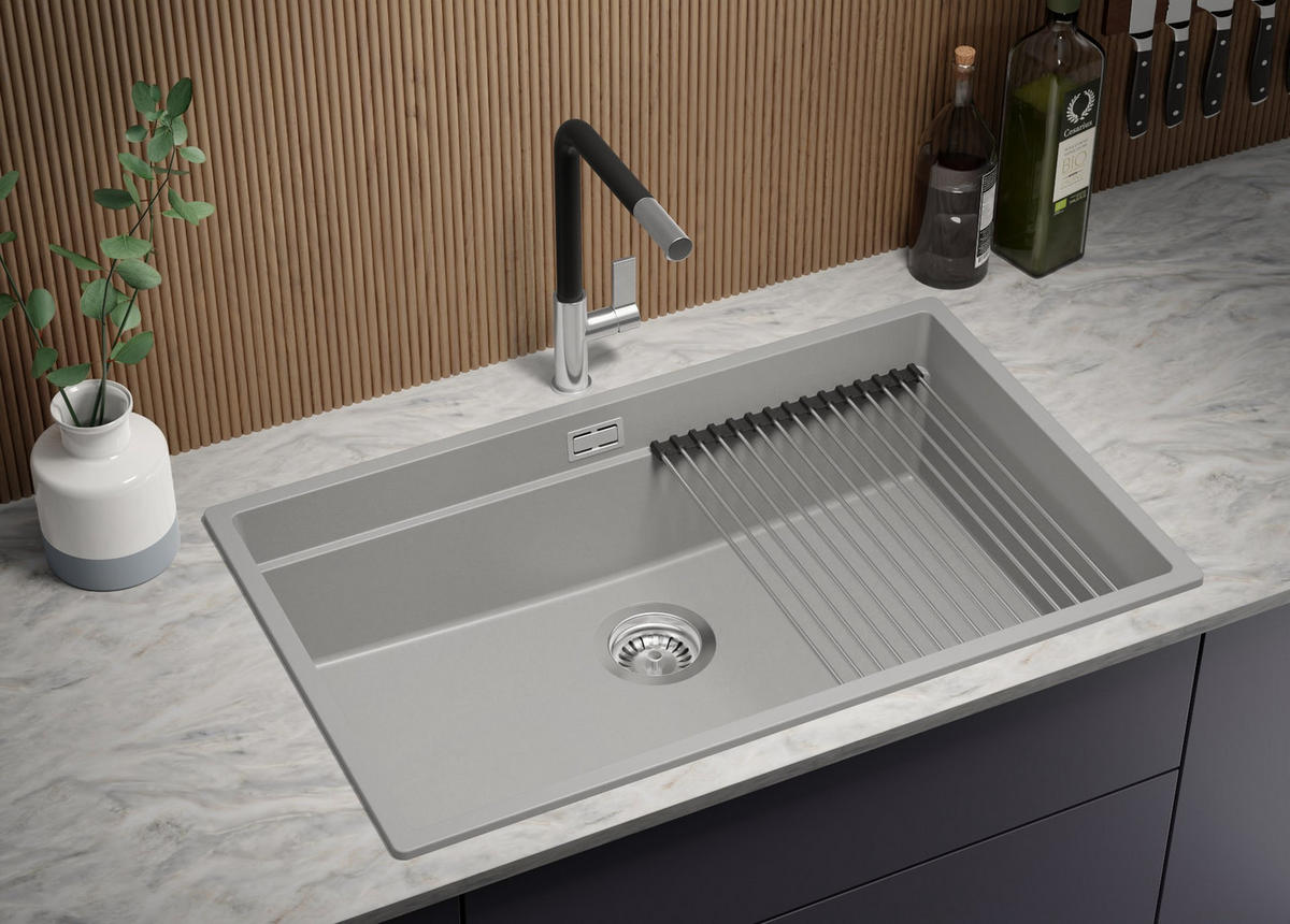 GRANITSPÜLE Praga Slim, 2-er set Grau 76/47 cm 1 Becken + Küchenarmatur 32/20 cm + Ablauf-Set + Aufrollbare Abtropffläche ab 80er Unterschrank - Chromfarben/Grau, Kunststoff (76/20/47cm) - Primagran