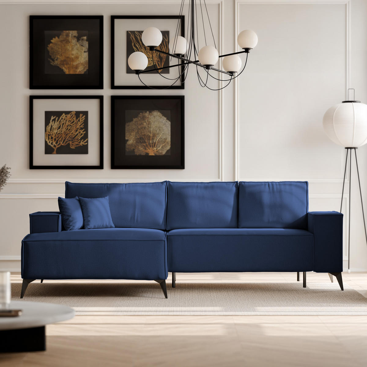 ECKSOFA OTIS Links, mit Schlaffunktion und Bettkasten, Marineblau - Dunkelblau, Textil/Metall (294/185cm) - Idohome