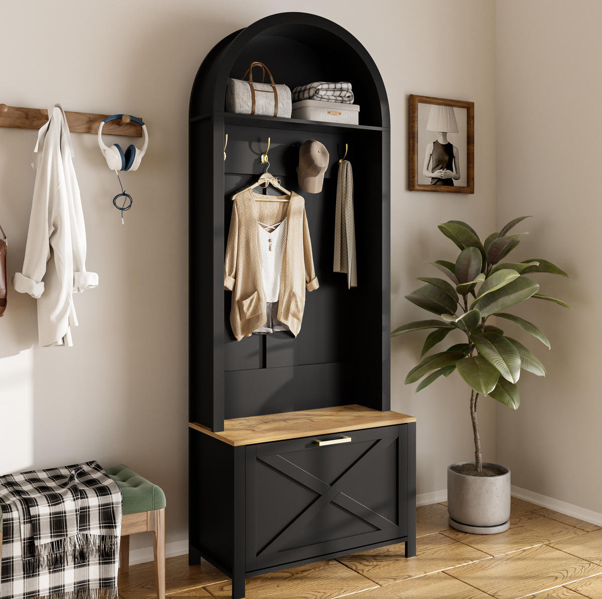 GARDEROBE 75/195/35 cm Schwarz/Holzfarbe aus MDF mit Schuhfach - Schwarz, Holzwerkstoff (35/195/75cm) - OKMYHOME