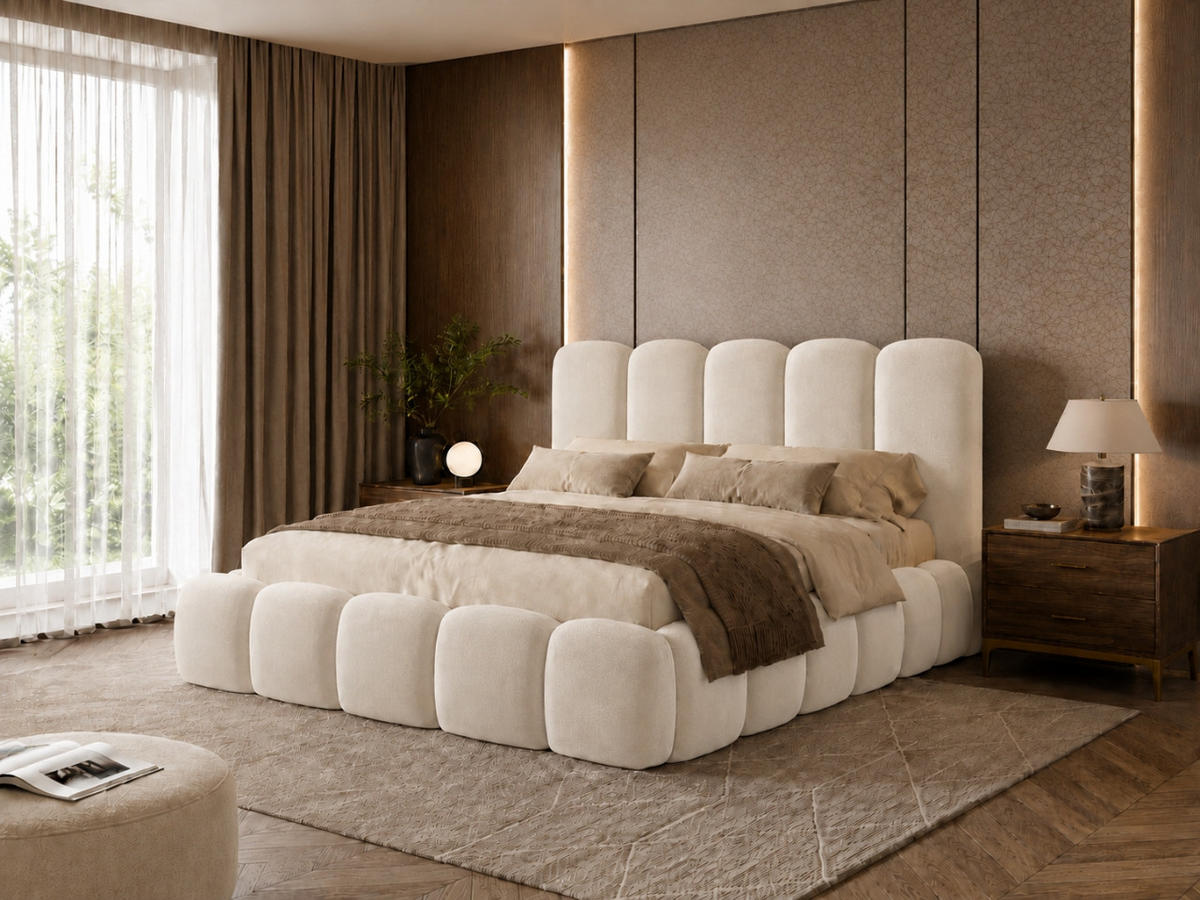 POLSTERBETT TEDDY 120x200 cm in Beige, gepolstertes Kopfteil, Lattenrost, Bettkasten, Velvet-Stoff - Beige, Holz/Textil (120/200cm) - EMLAR Home
