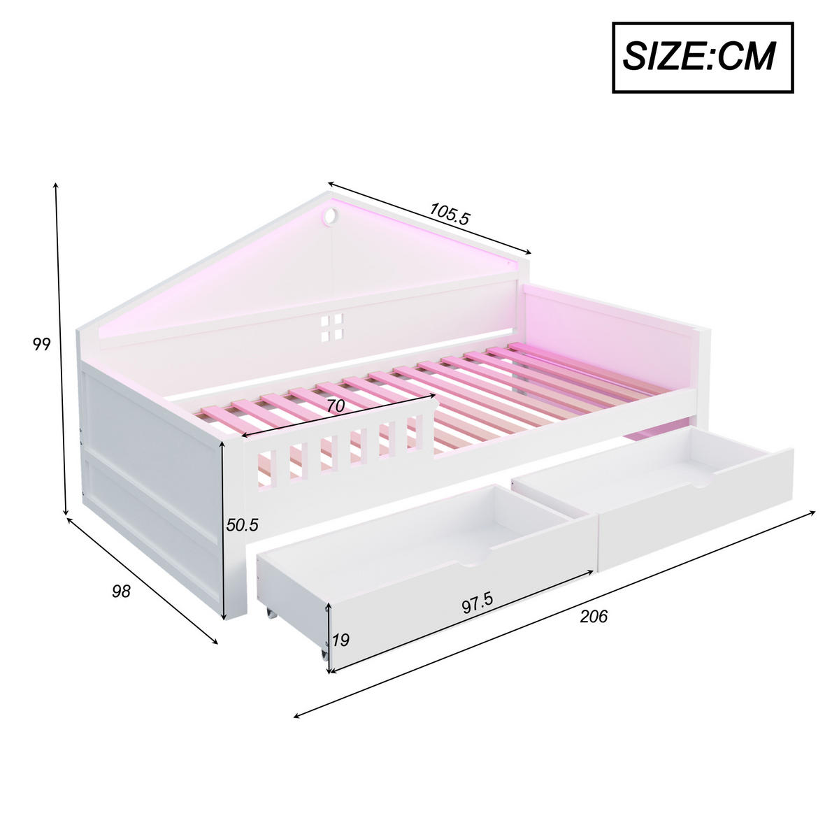 KINDEREINZELBETTEN aus Holz und MDF 90x200 cm in Weiß mit LED & 2 Schubladen - Weiß, Holz (90/200cm) - Modfu