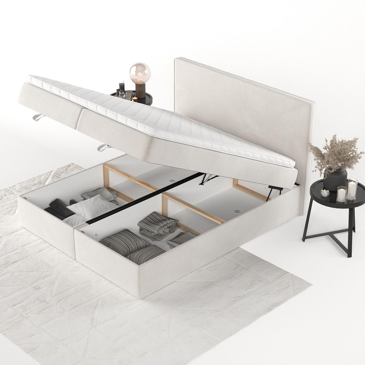 BOXBETT Velma 180/200 cm Creme im Paros Stoff - Creme/Schwarz, Holz/Holzwerkstoff (180/200cm) - AltaBeds