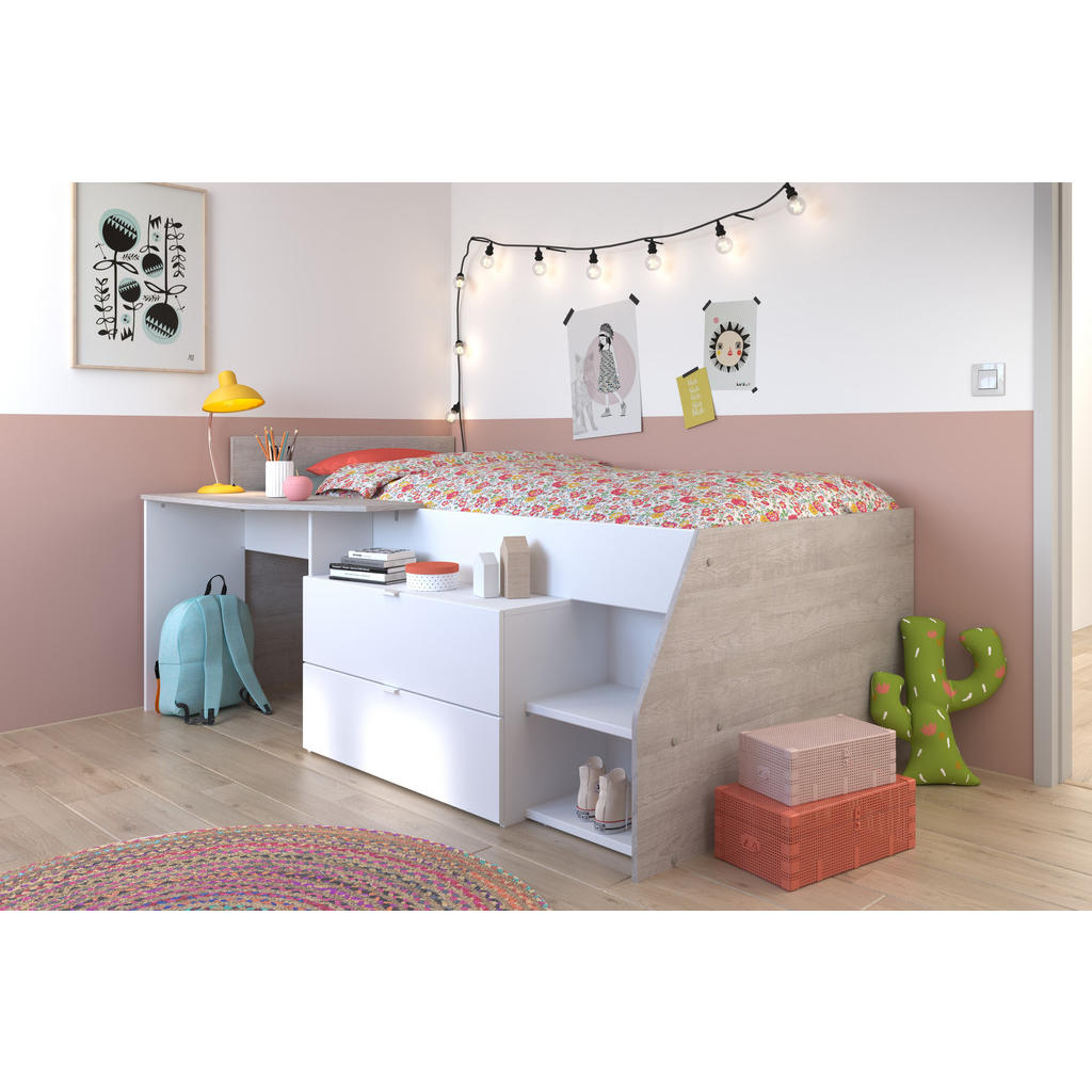 Thumbnail - Parisot Meuble Hochbett, Weiß, Hellgrau, Holz, 1-Sitzer, 2 Schubladen, 90x200 cm, Kinder- & Jugendzimmer, Kindermöbel, K...