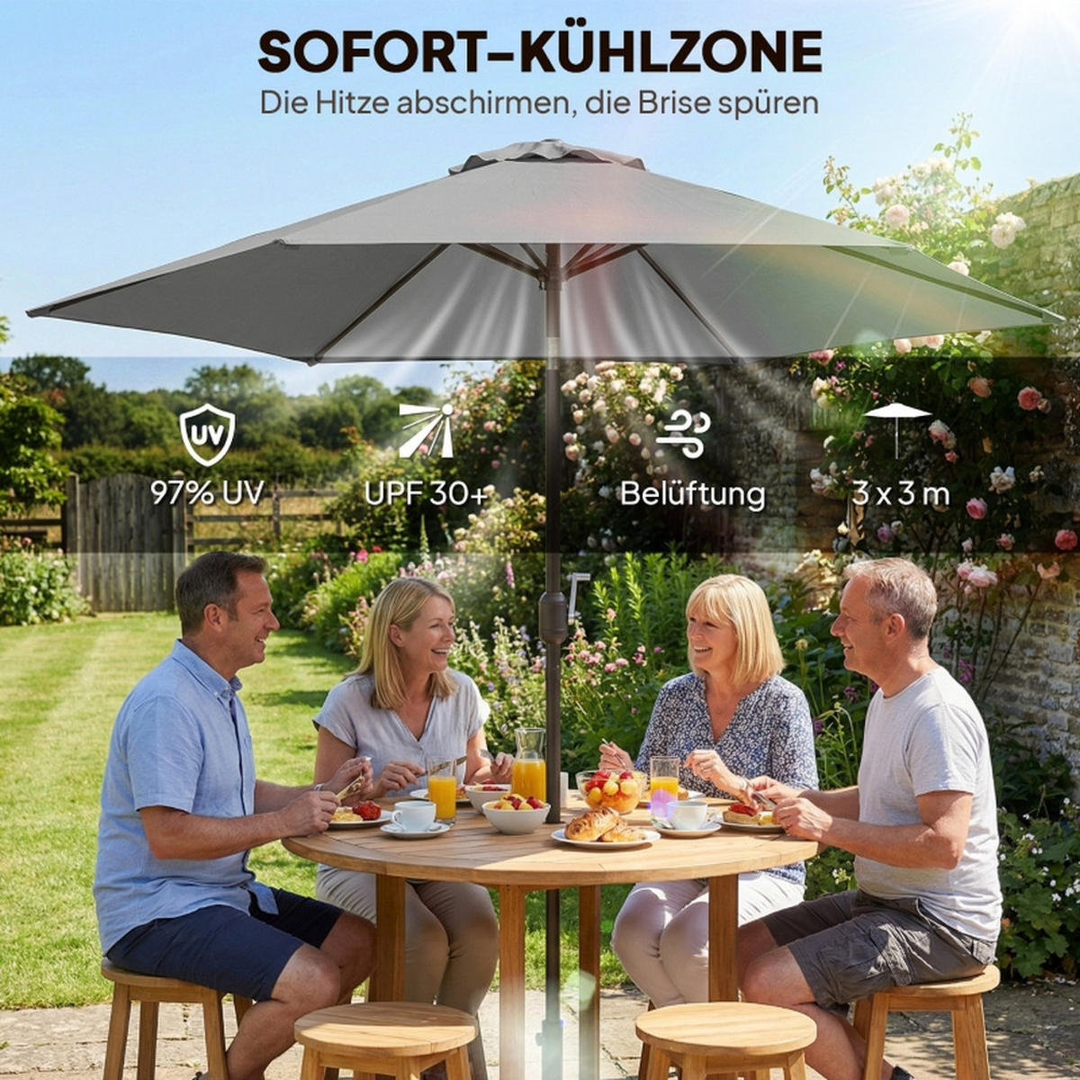 SONNENSCHIRM 3m Mit Kurbel und Neigefunktion - Grau, Textil (295/295cm) - Raelunyi