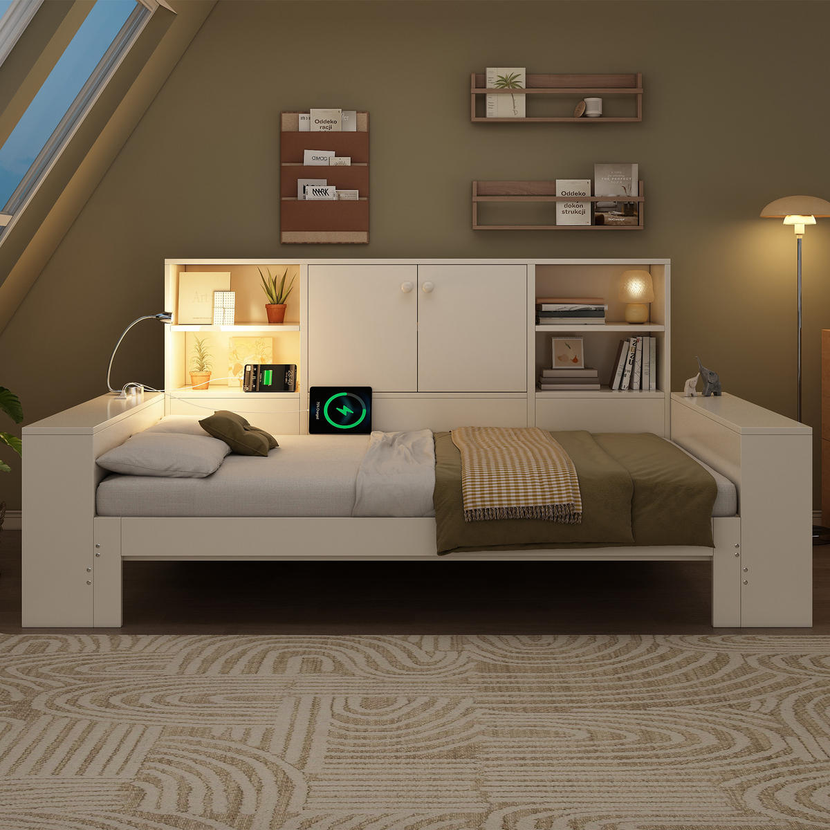 BETT 90/200 cm & 180/200 cm in Weiß mit Ausziehbett, Stauraum, USB, Type-C und LED Holz Design - Weiß, Holzwerkstoff (90/200cm) - STILVORA