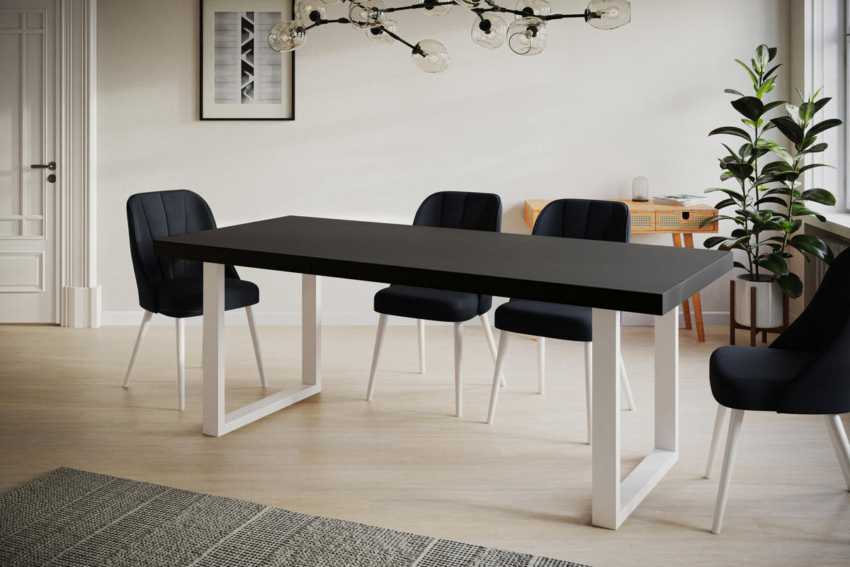 ESSZIMMERTISCH LOFT-U, ausziehbarer Tisch 160-260X90X77 cm, Farbe: Schwarz, mit Metallbeinen in Farbe Weiß - Schwarz/Weiß, Holzwerkstoff (160/90/77cm) - Alpi-Möbel