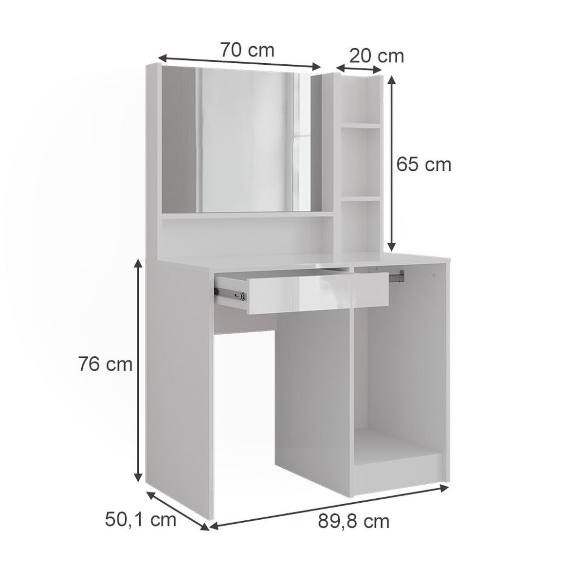 SCHMINKTISCH Sherry Weiß/Weiß Hochglanz 89.8 cm 3 Teile - Weiß Hochglanz, Holzwerkstoff (50.1cm) - Vicco