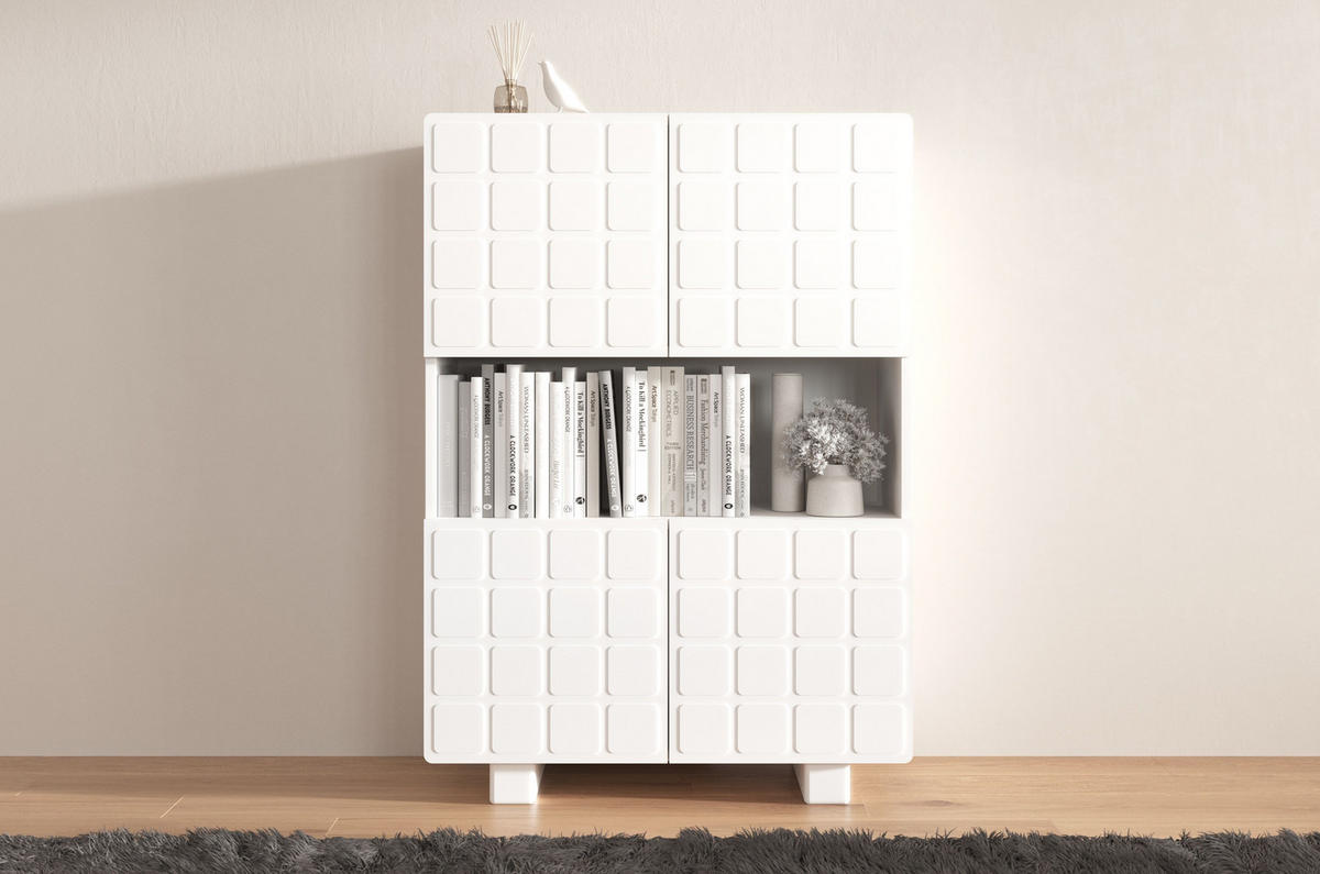 HIGHBOARD Cubo Long, Geometrische 3D Fronten, 85 x 120 cm, Weiß - Weiß, Holz/Holzwerkstoff (84.3/120/41.8cm) - Skandica
