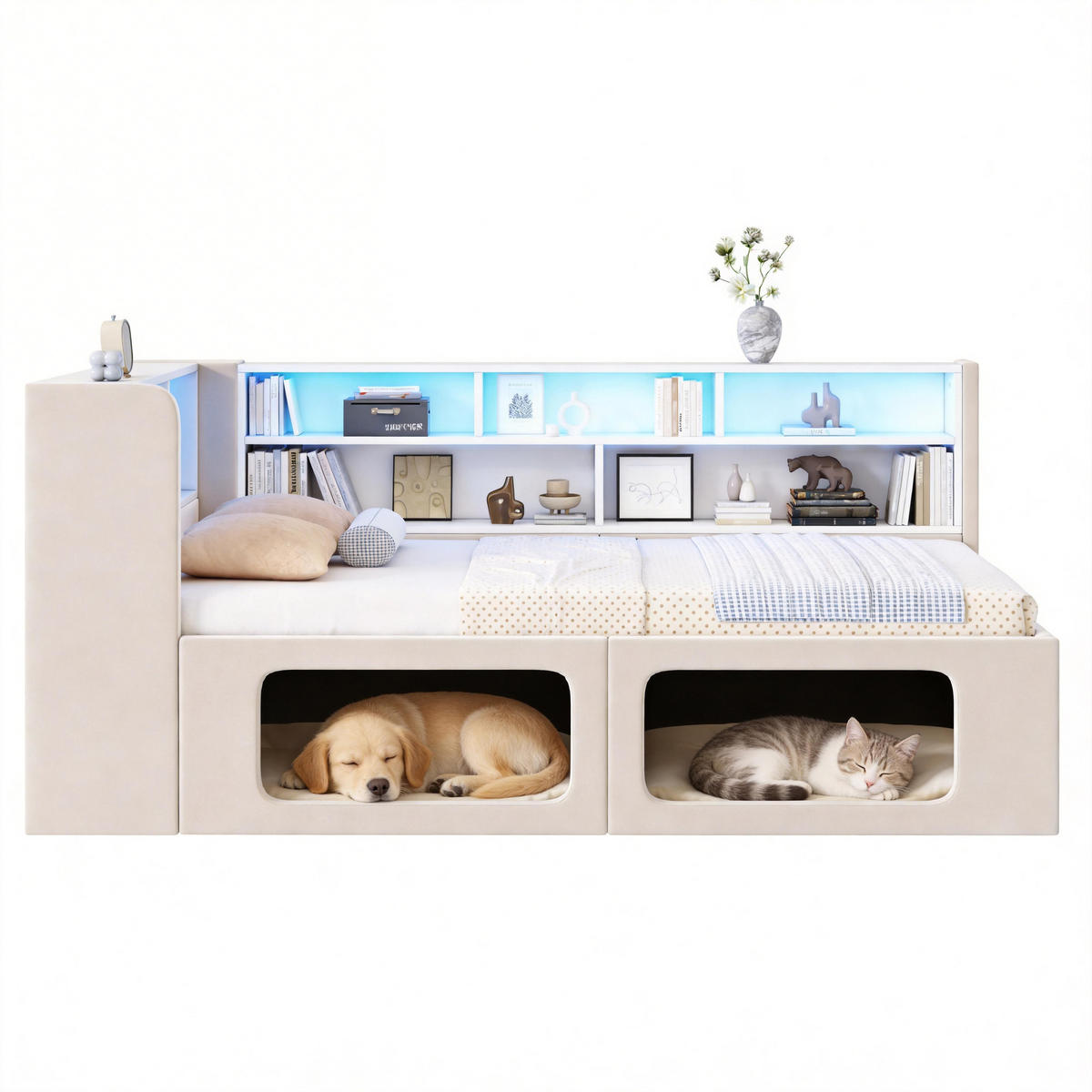 TAGESBETT 90x200 cm mit super großen Tierhöhle in beigem Samt - Beige, Textil (90/200cm) - KOMHTOM