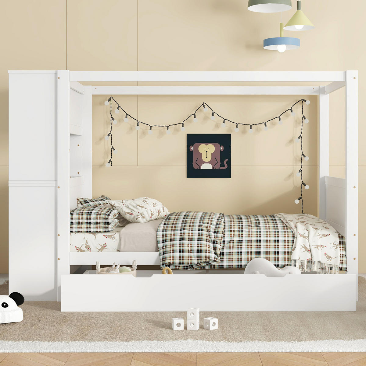 KINDERBETT aus Kiefernholz und MDF 90x200 cm Weiß mit Fallschutz, Stauraum und Schreibtisch - Weiß, Holzwerkstoff (90/200cm) - IVMEU
