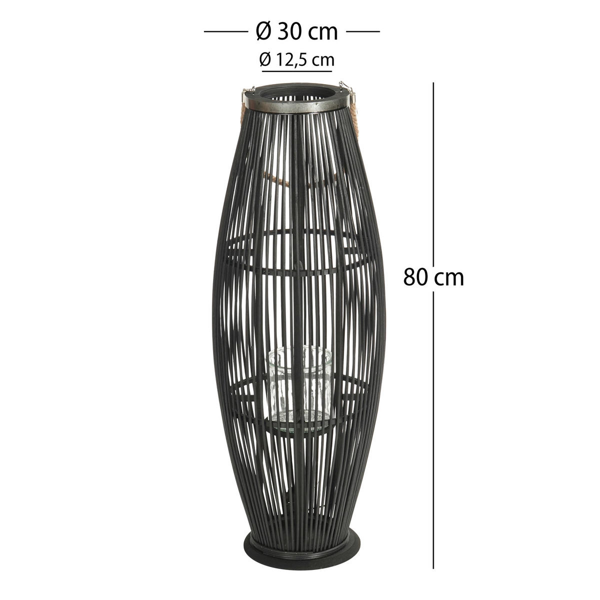 LATERNE Zya 80 Bambus, mit Henkel und Glaseinsatz schwarz - Schwarz, Holz (33/80/33cm) - CREEDWOOD
