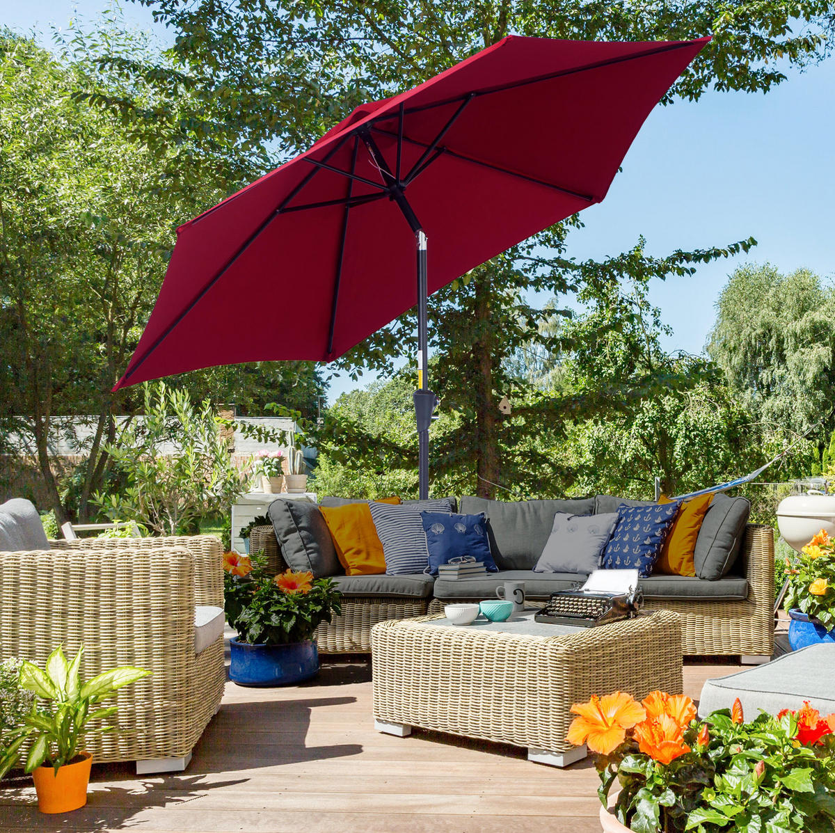 SONNENSCHIRM aus Aluminium Ø2,6xH2,35 m Rot mit Handkurbel & Knickfunktion - Rot, Metall (260/260cm) - Modfu