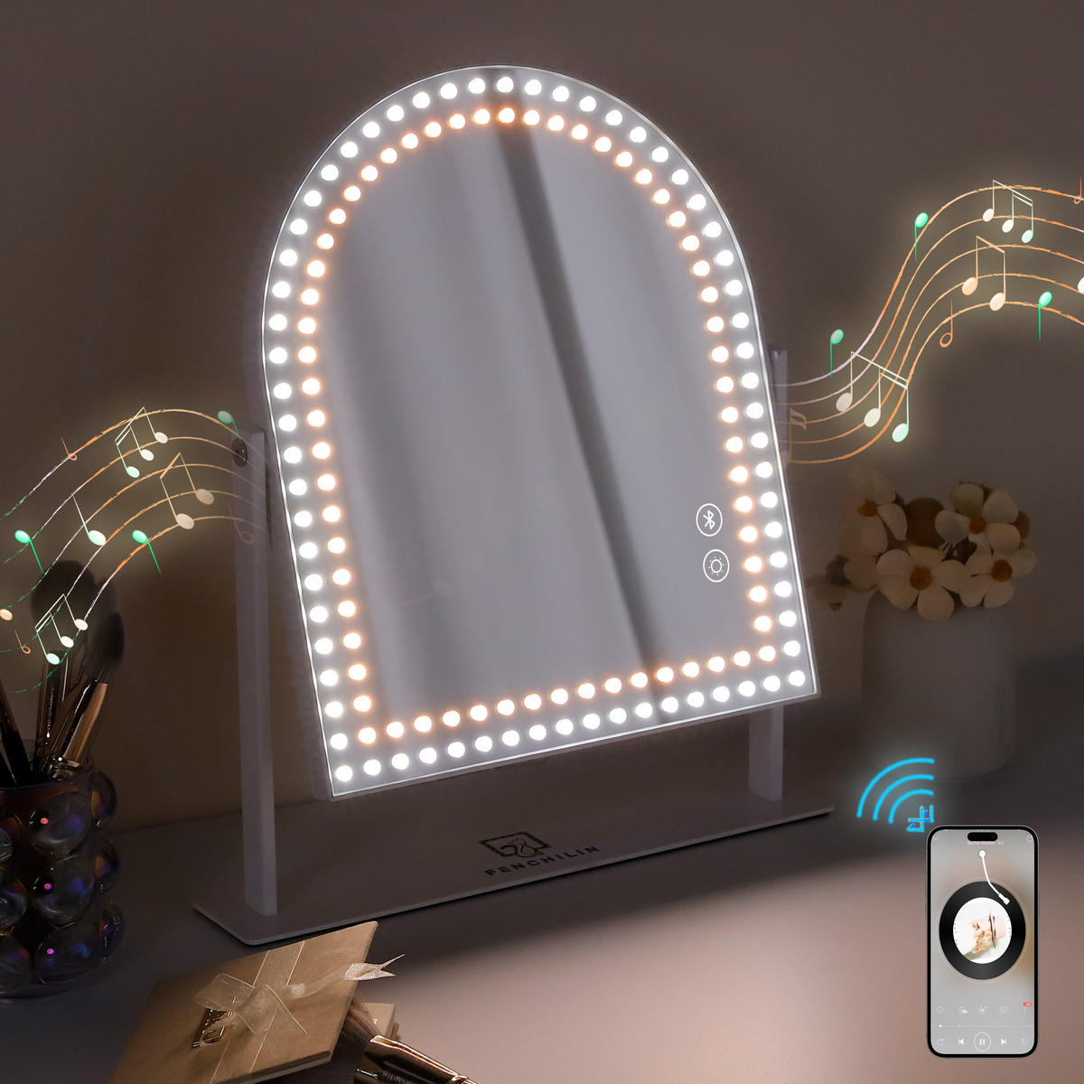 SCHMINKSPIEGEL mit Beleuchtung und Bluetooth Weiß 25/30 cm - Weiß, Metall (25/30/3cm) - VANITII