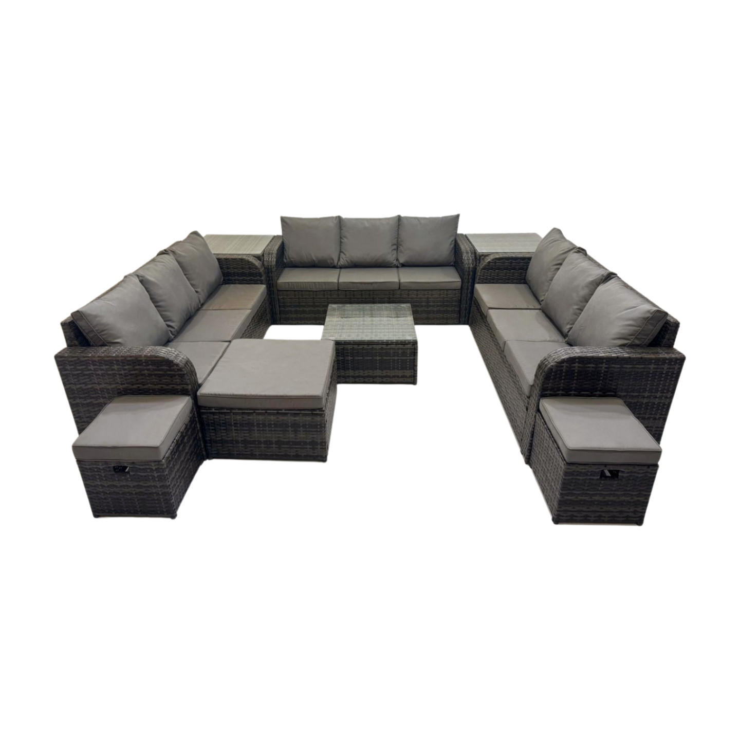 GARTENMÖBELGARNITUR mit KISSEN Polyrattan Dunkelgrau 12-Sitzer - Dunkelgrau/Grau, Glas/Kunststoff - Fimous