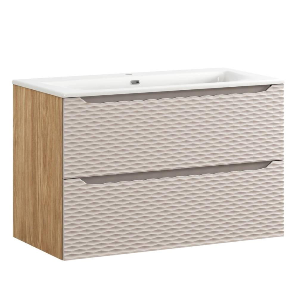 WASCHTISCHKOMBI 90cm 2 Teile - Ocean Beige O BM436 in Beige / Geölter Eiche - Beige, Holz/Keramik (90/57/46cm)