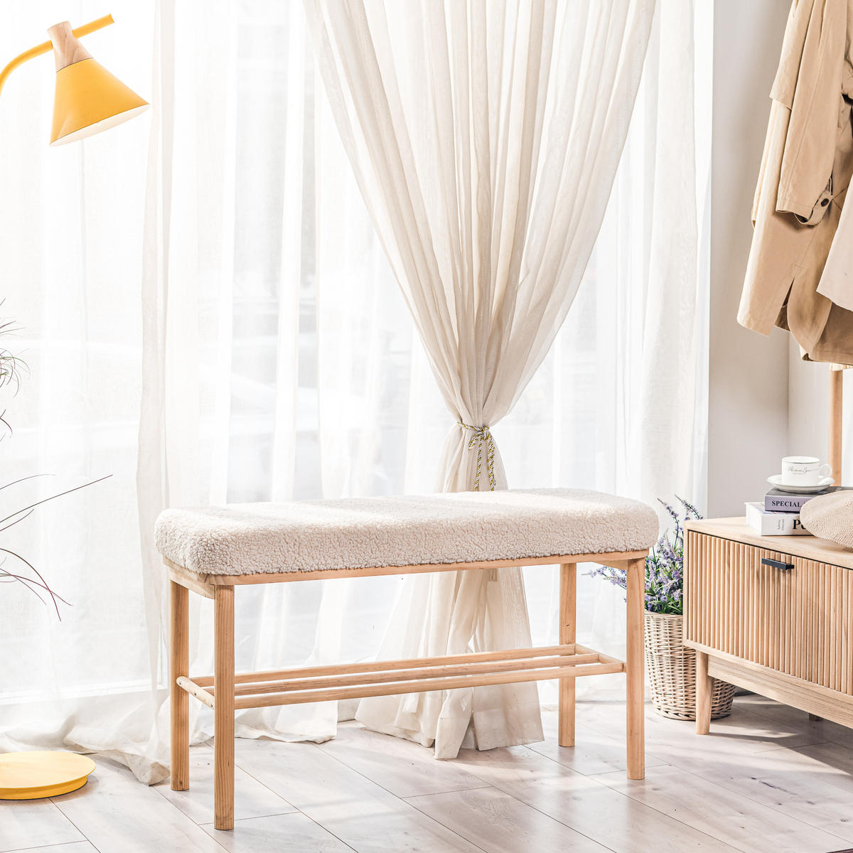 SITZBANK Rattan Weiß - Weiß, Holz (90/45.5/35cm) - Nordlys