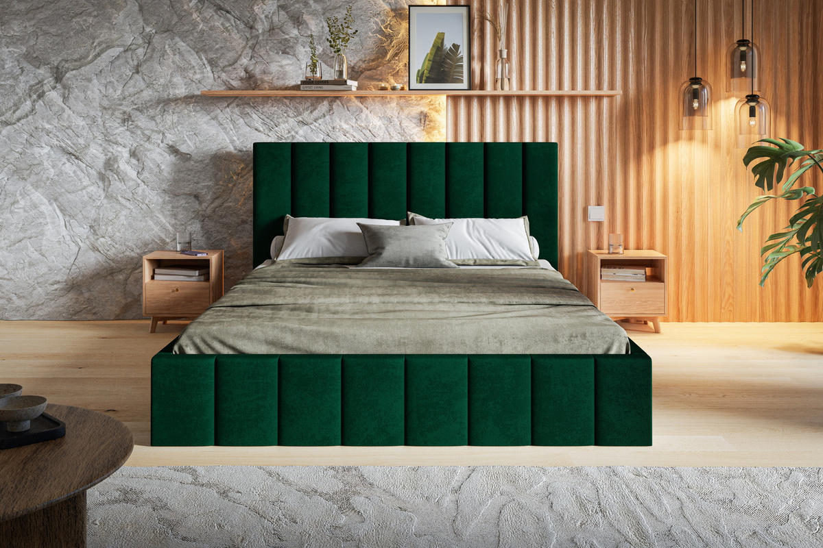 POLSTERBETT 160x200 Moris mit Kopfteil, Bettkasten Lattenrost, Grün - Grün, Holz/Textil (160/200cm) - Emporius